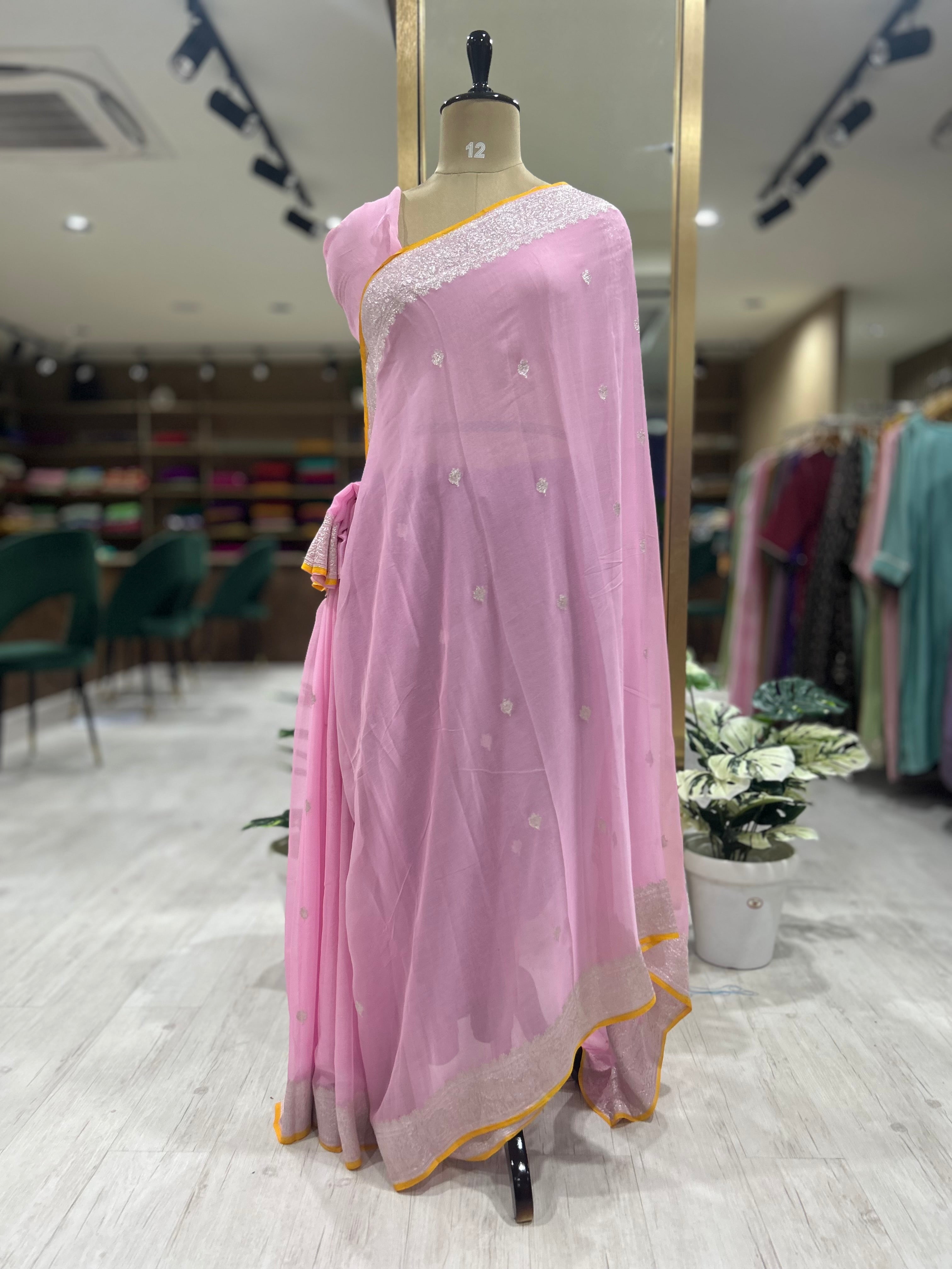 Baby pink n yellow benaras pure khadi chiffon saree