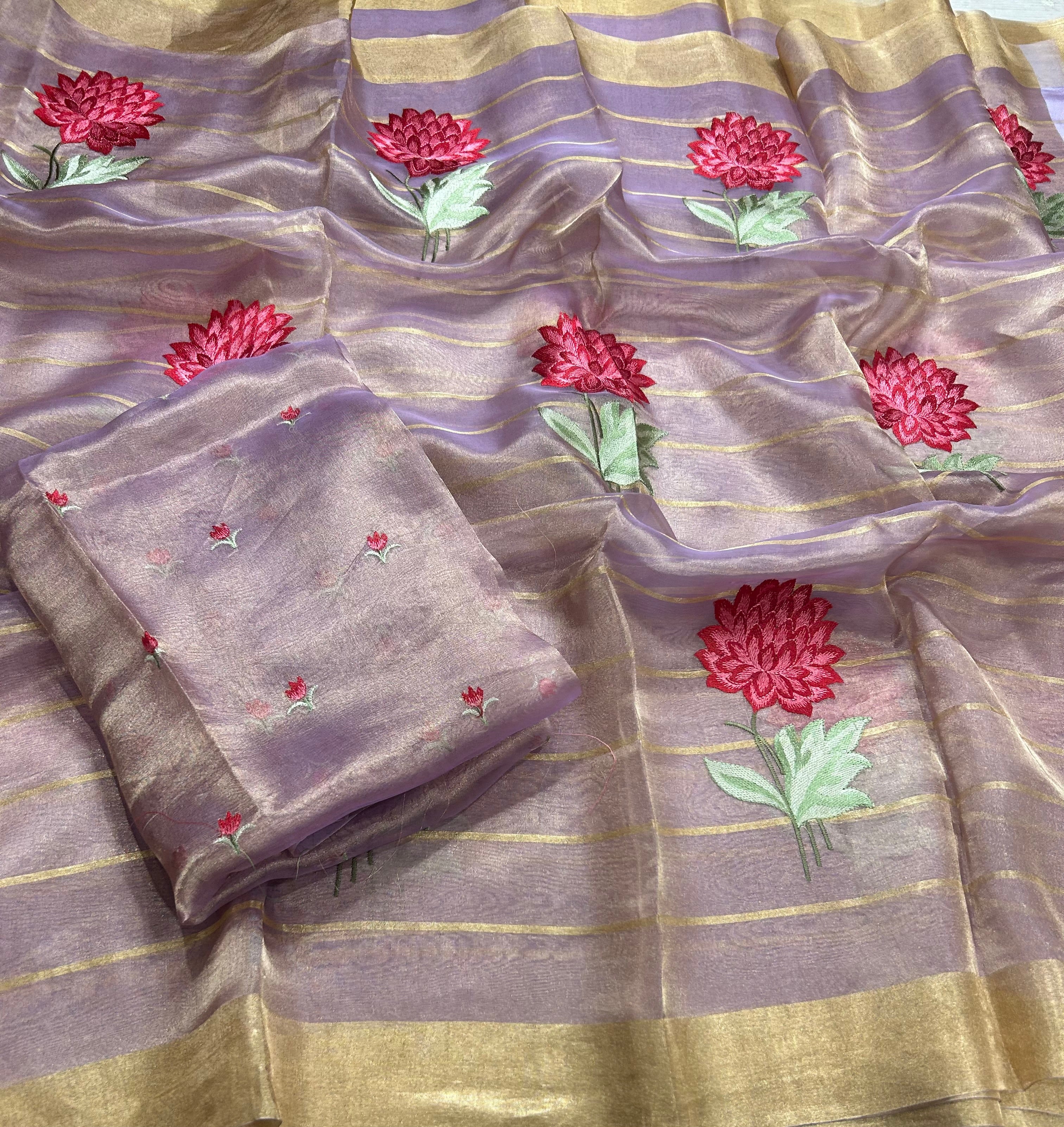 Lilac floral embroidery work pure tissue organza 105 saree