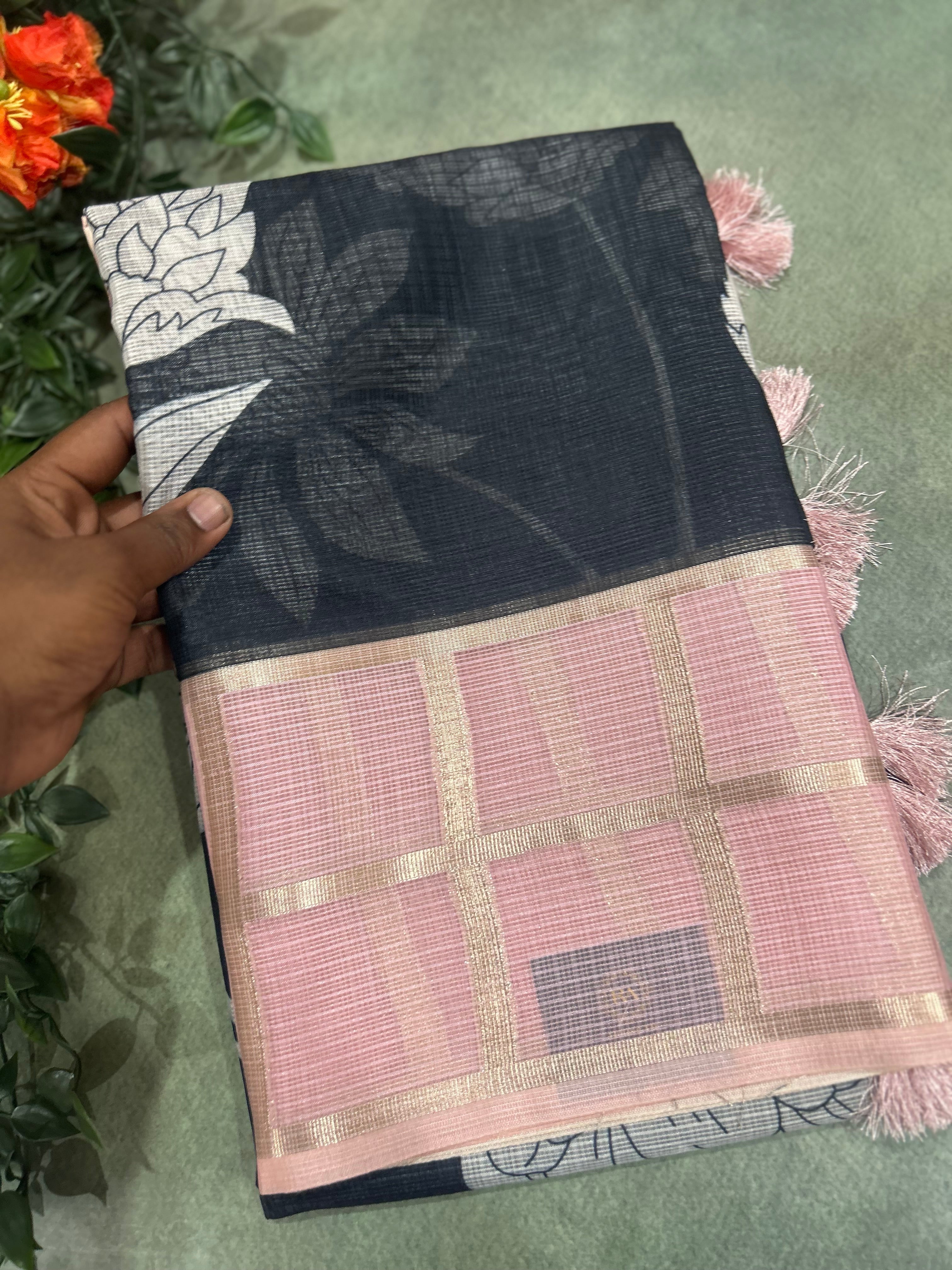 Black n pink Kota checks 103 saree