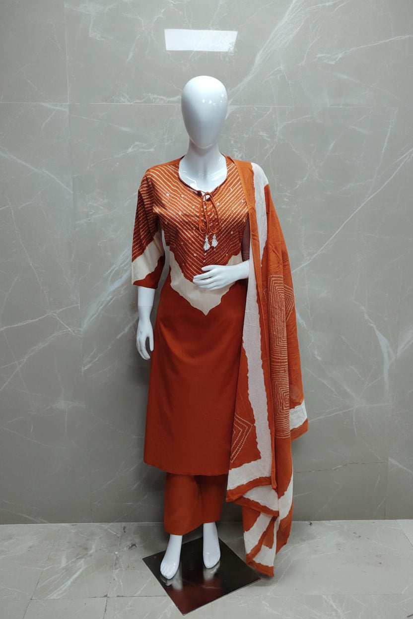 Orange Cotton Hand Embroidery Straight Fit Kurtha