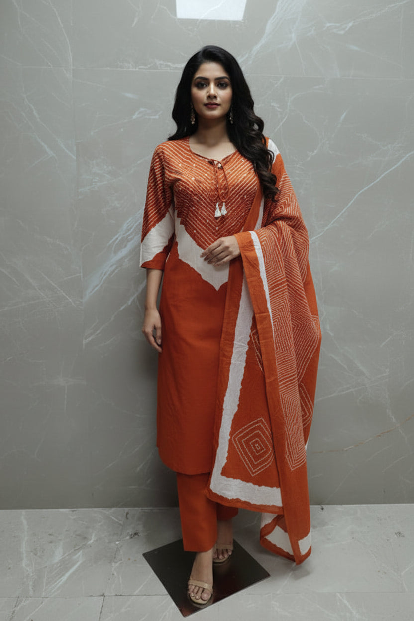 Orange Cotton Hand Embroidery Straight Fit Kurtha