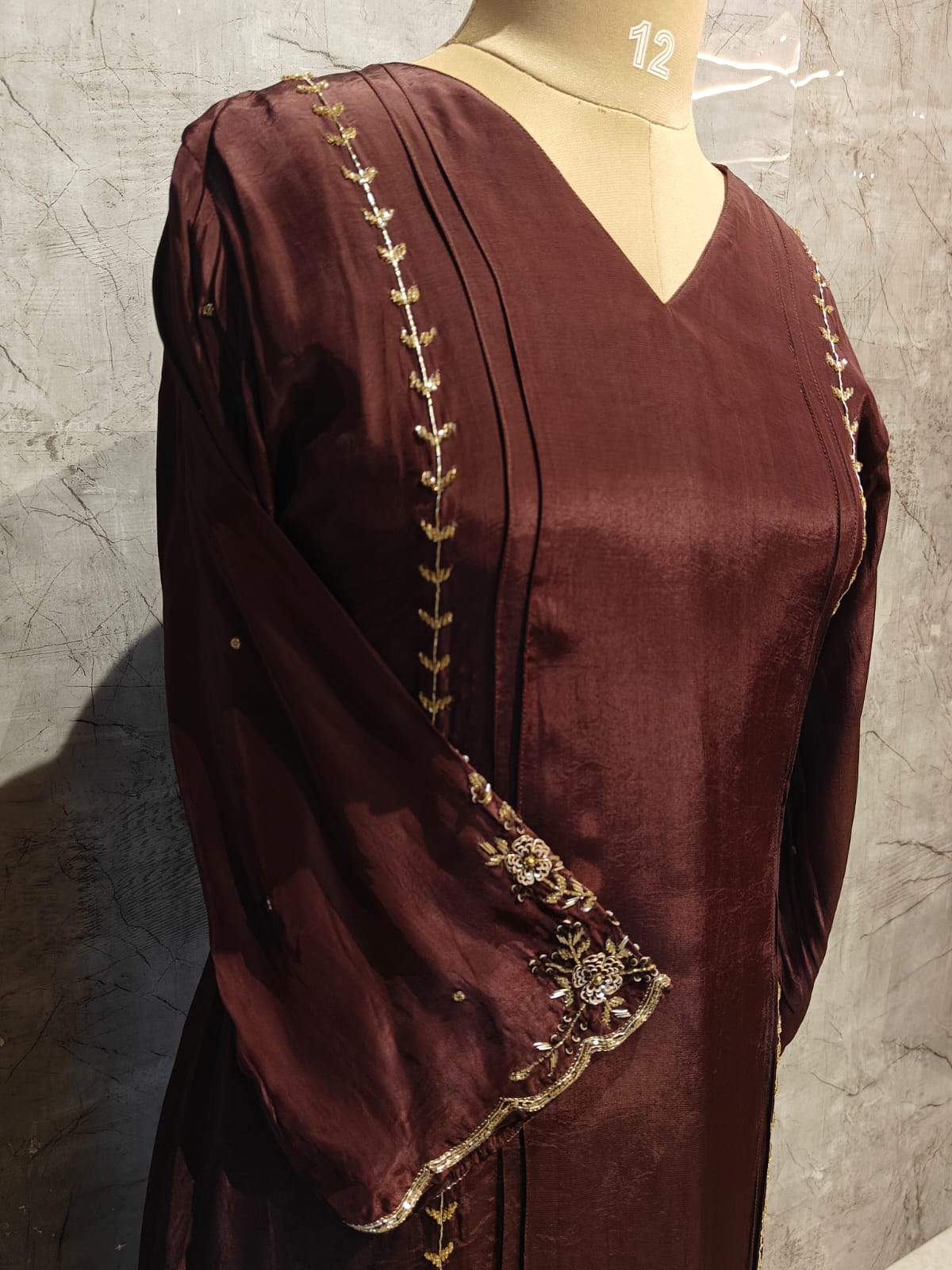 Brown Chinnon Hand Embroidery A Line Kurtha 673