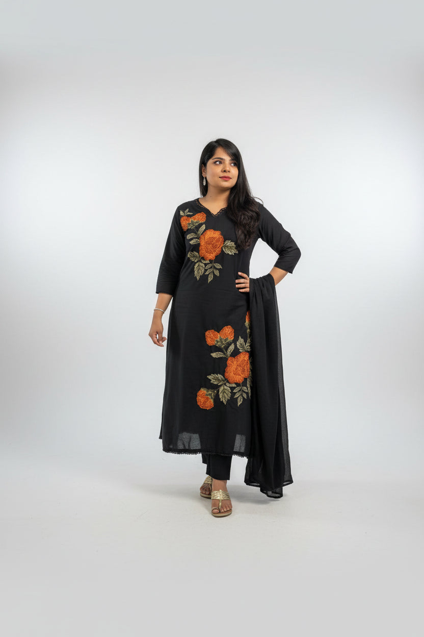Black Cotton Hand Embroidery A Line Kurtha 389