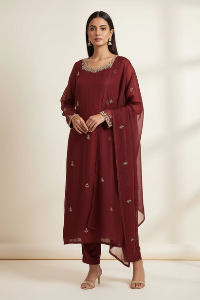 Maroon Dola Silk Handwork Straight Fit Kurtha