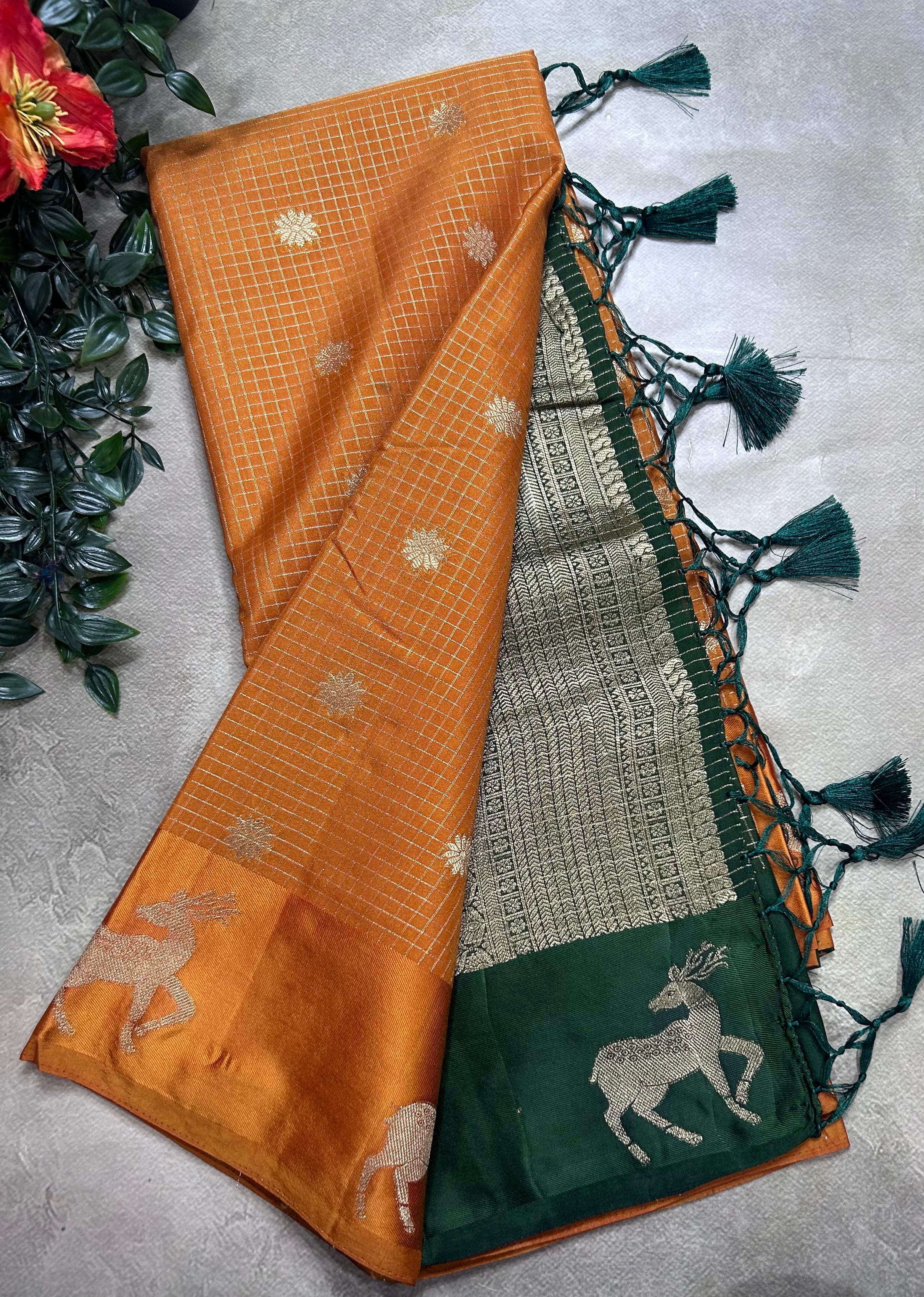 Mustard yellow small checks semi Mysore crepe 106 saree