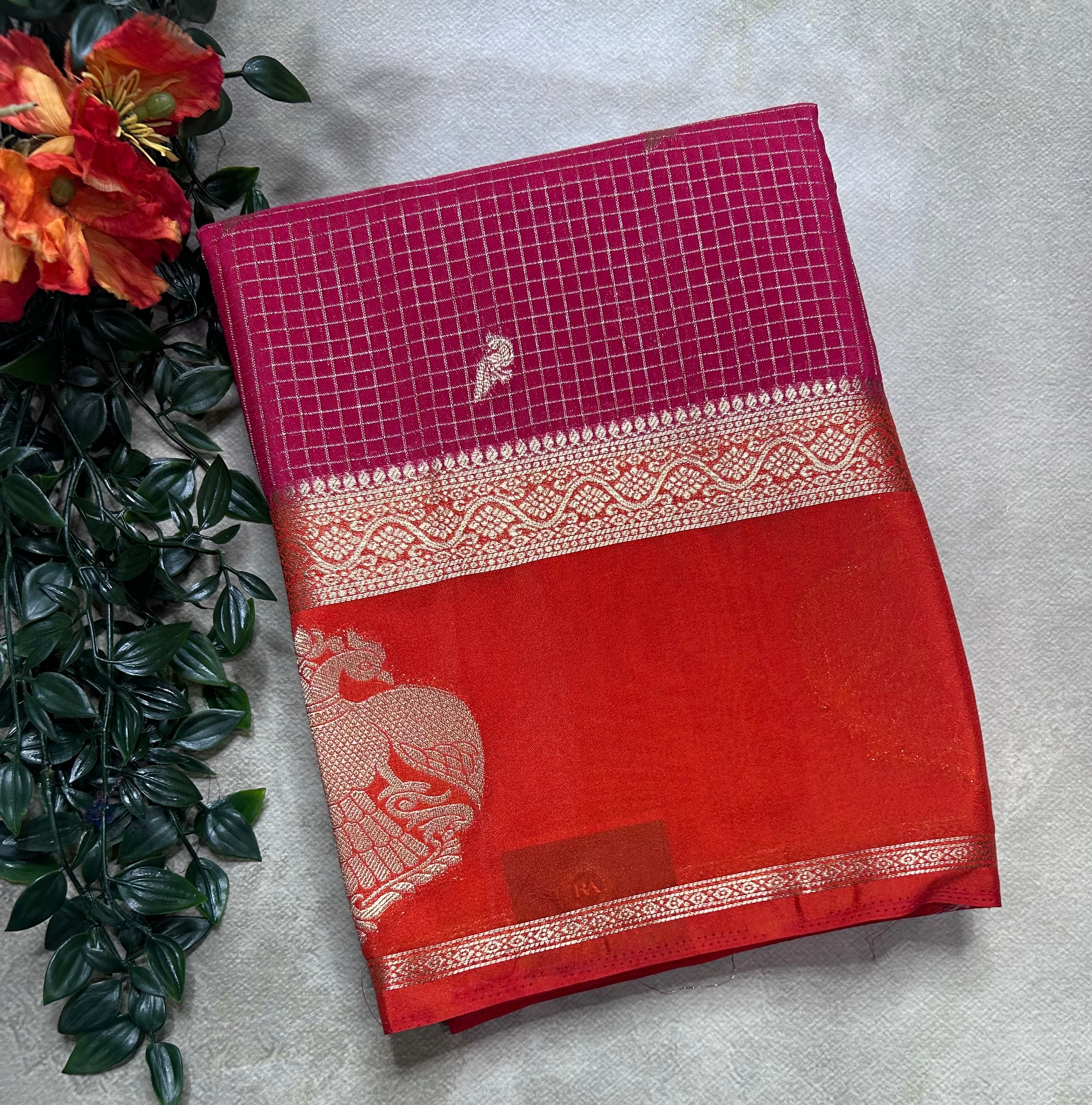 Pink gandaberunda border semi Mysore crepe 106 saree