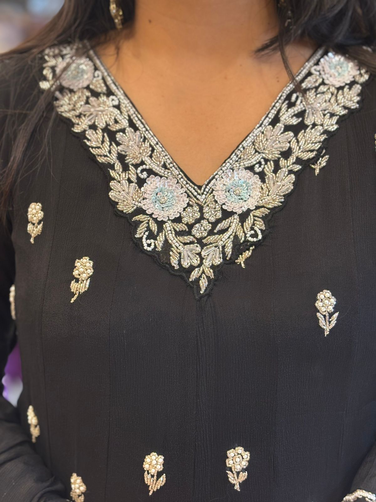 “Pari" Black Anarkali Chinnon Handwork Partyware Kurtha 567