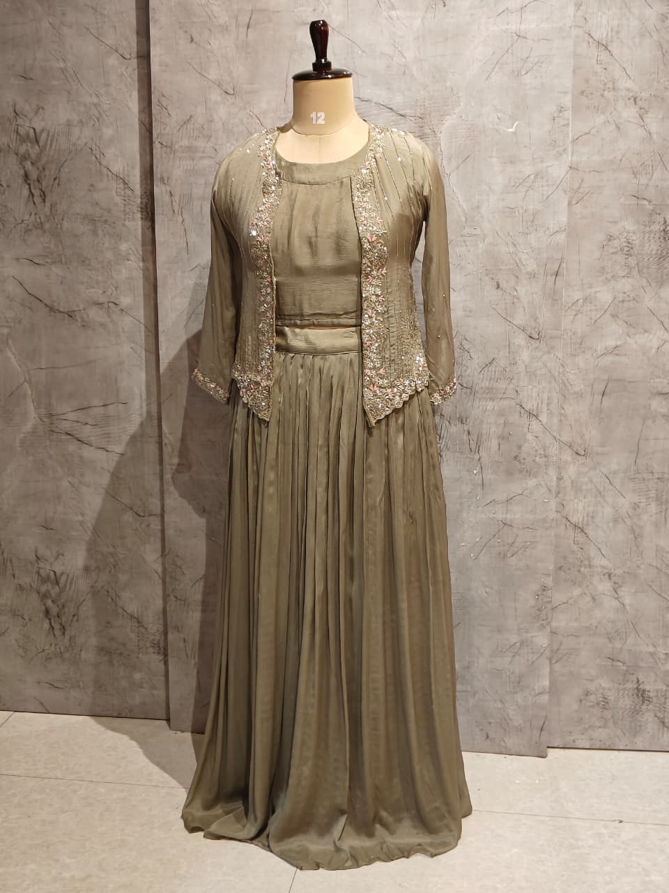 “Pari" Green Designer Kurtha 43 Set with Handwork Top, Skirt and Jacket Indo-western