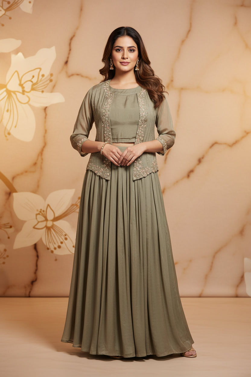 “Pari" Green Designer Kurtha 43 Set with Handwork Top, Skirt and Jacket Indo-western