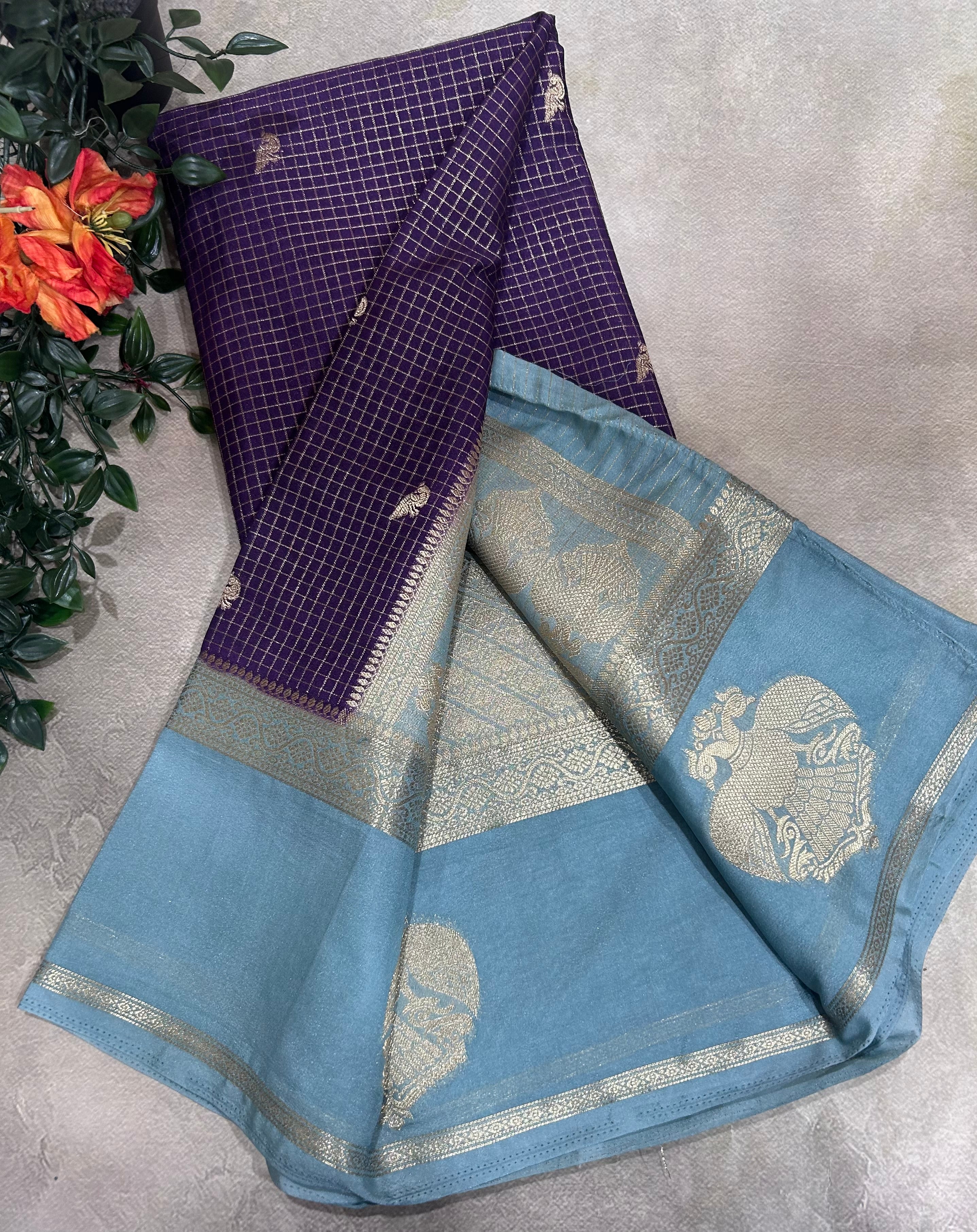Dark purple gandaberunda border semi Mysore crepe 106 saree
