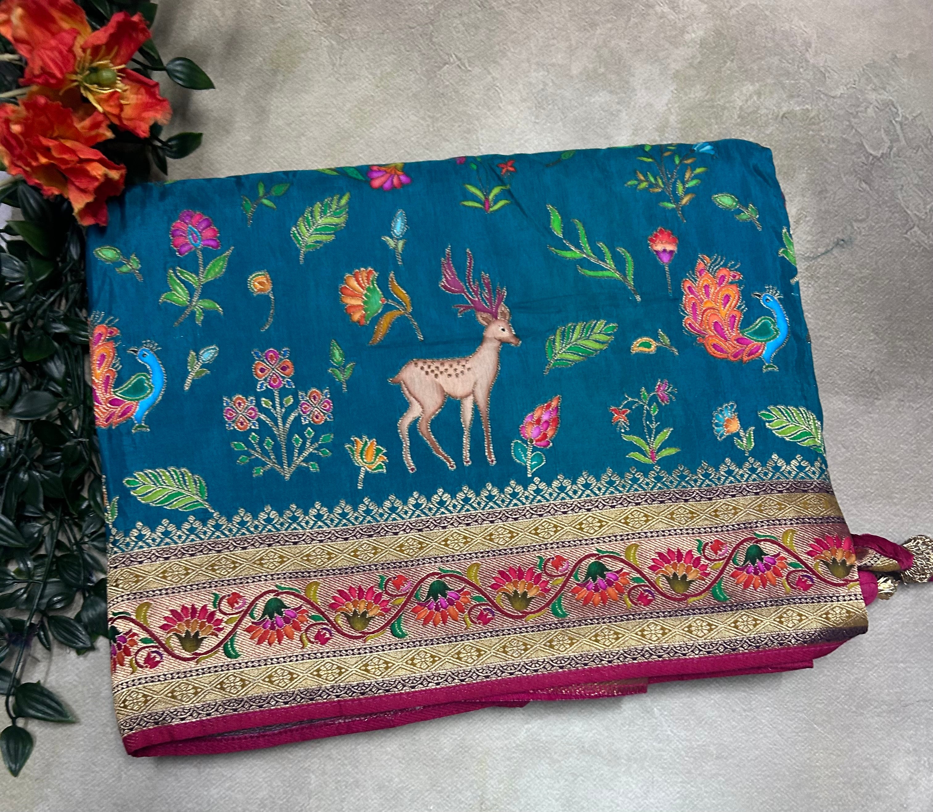 Rama green pashmina satin silk crepe 106 saree