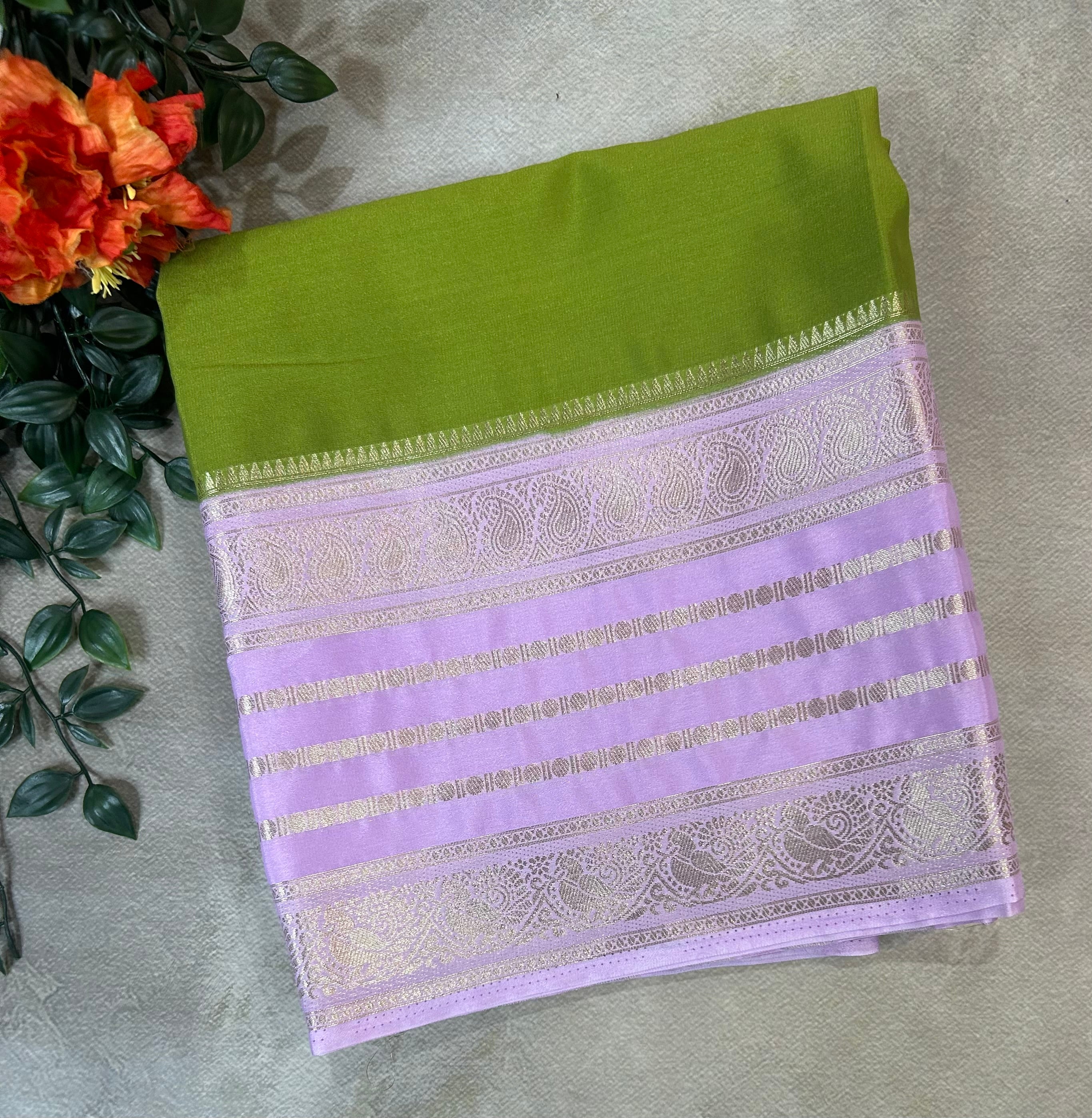 Green  stripes border semi Mysore 104 saree