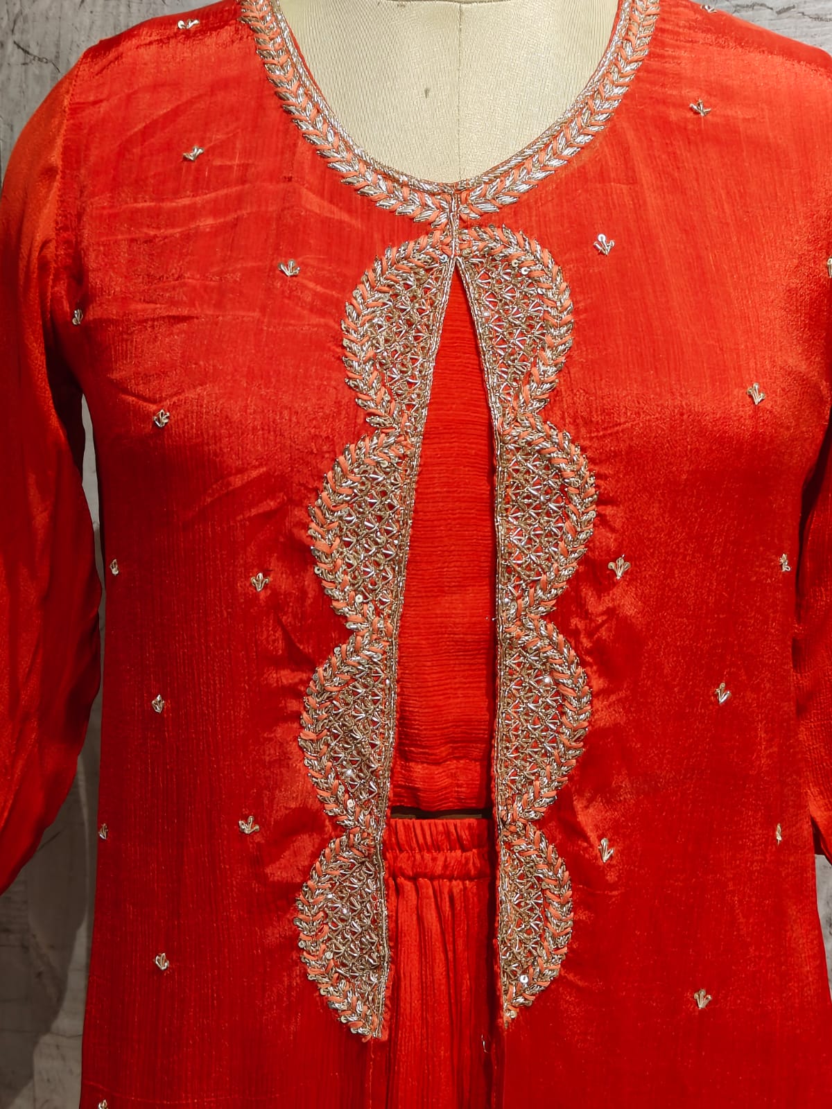 “Pari" Orange Designer Kurtha 43 Set with Handwork Top, Palazzo and Jacket Indo-western