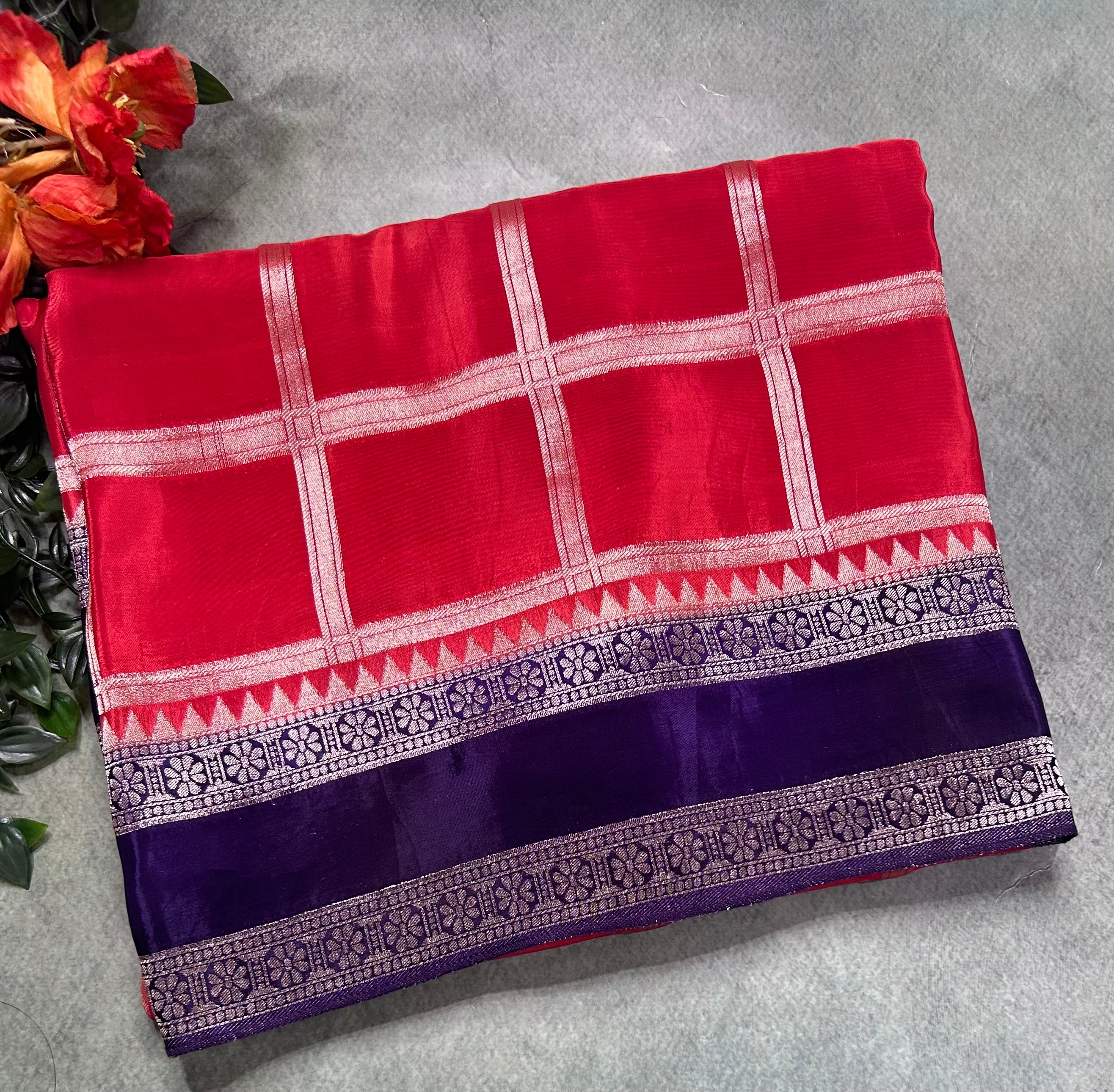 Orange checks n bentex border semi crepe 106 saree m