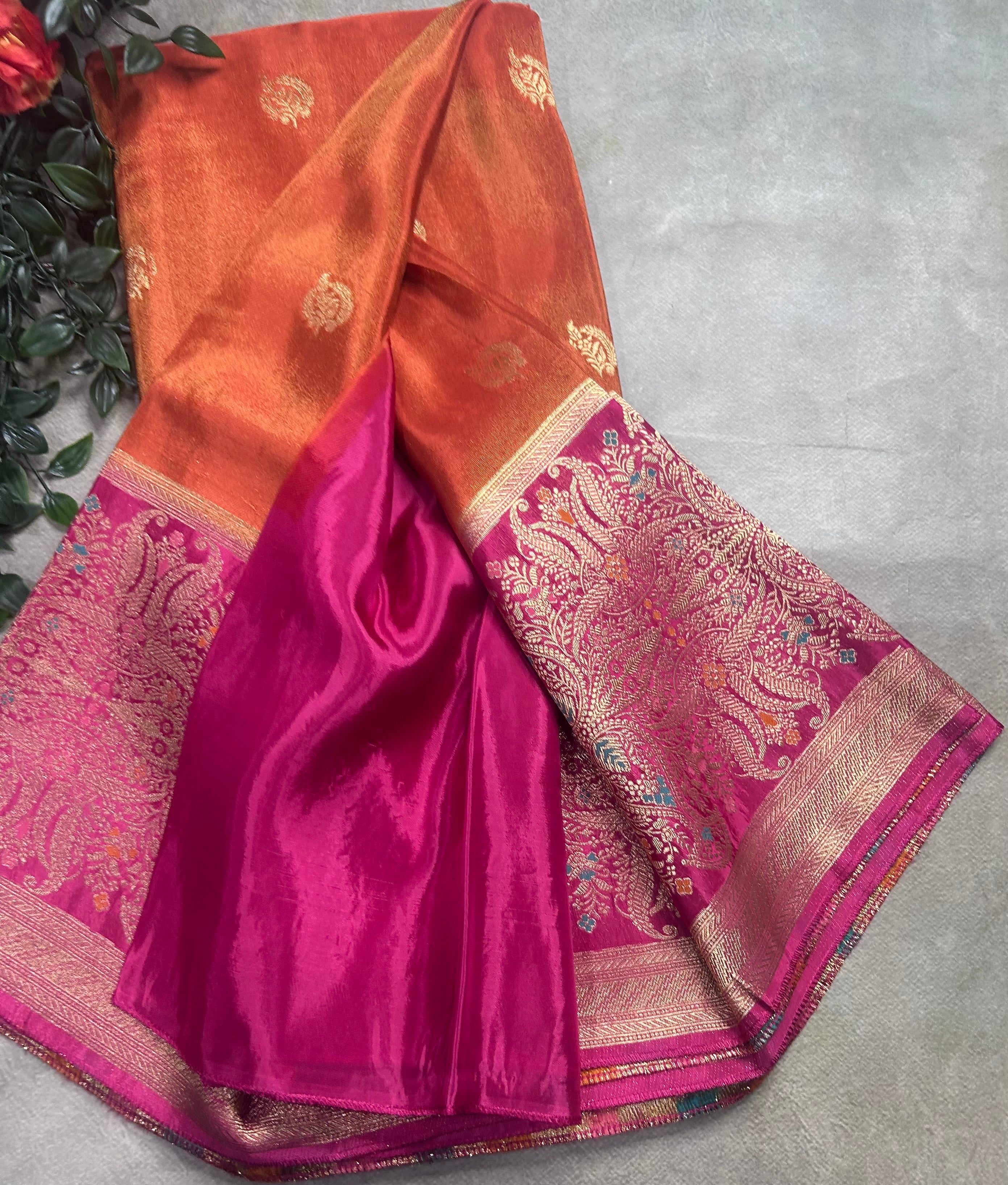 Orange contrast long border soft semi tissue crepe 106 saree