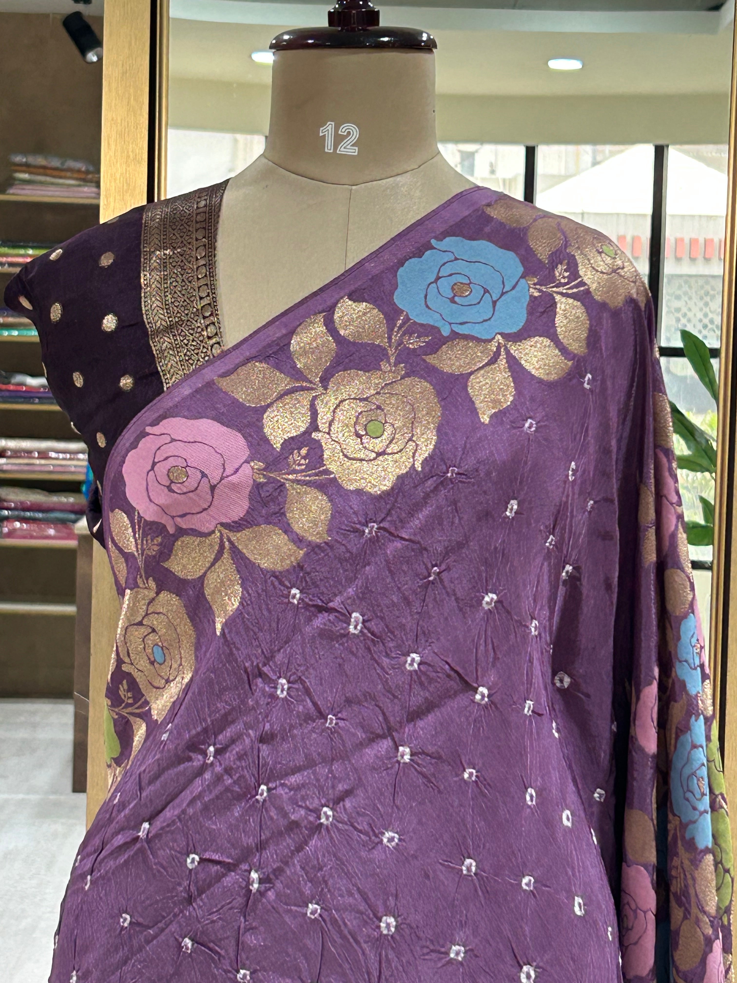 Lavender n purple half n half Bandhini dola crepe 104 saree
