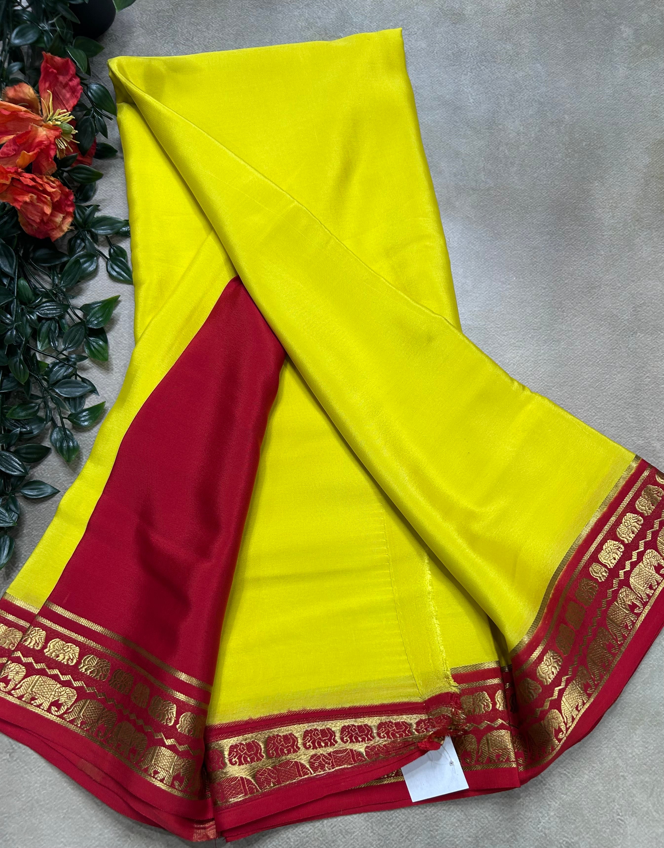 Yellow elephant small border pure mysore silk saree(YMS106)