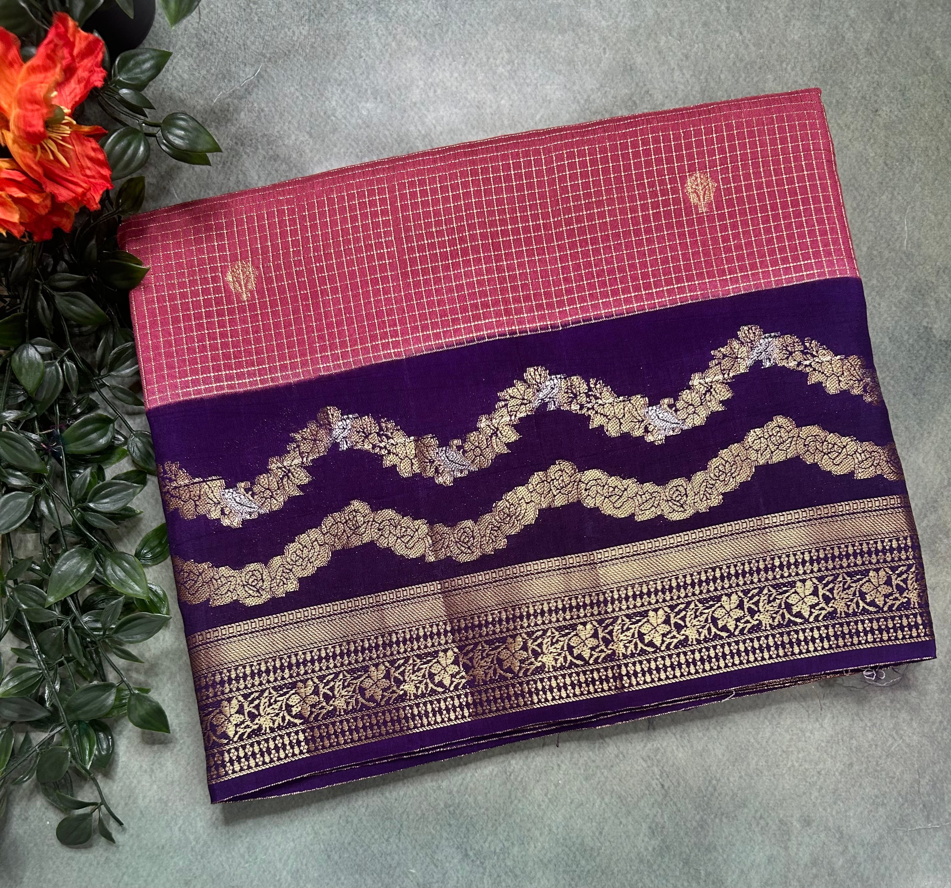 Light pink small checks semi Mysore 105 saree