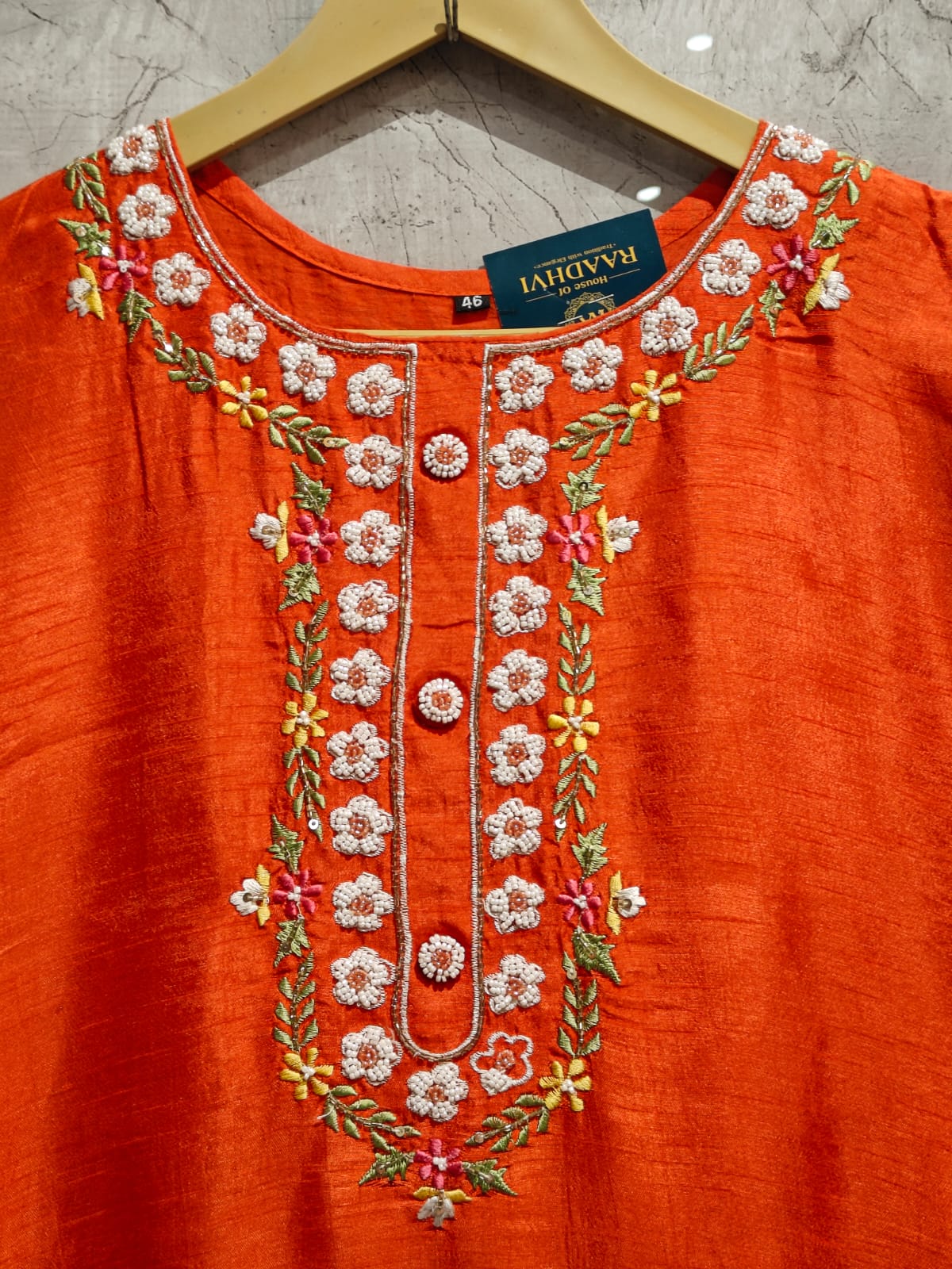 Orange Dola silk Kurtha with Pearl handwork embriodery work
