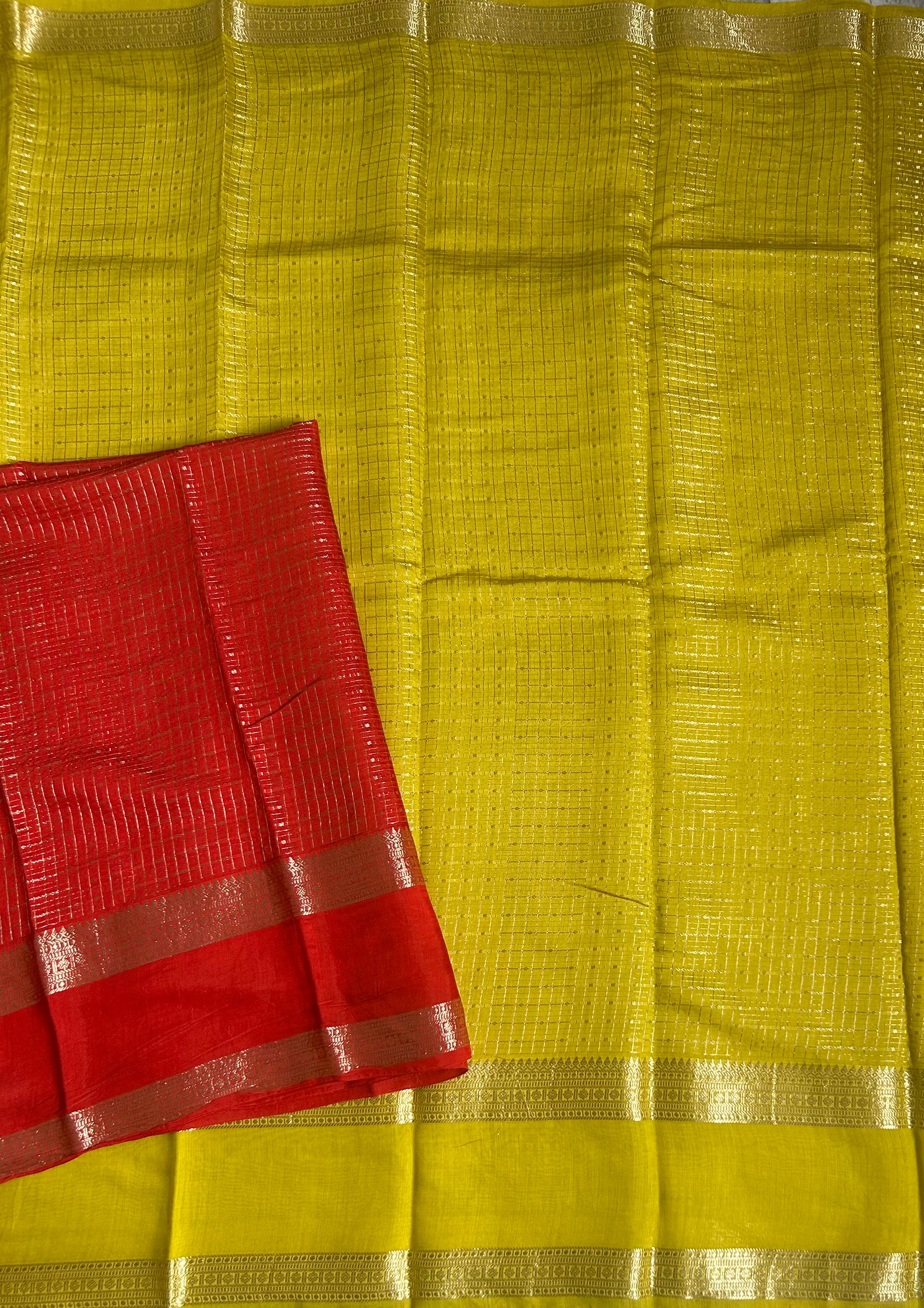 Neon yellow small checks soft Tussar 03 crepe saree