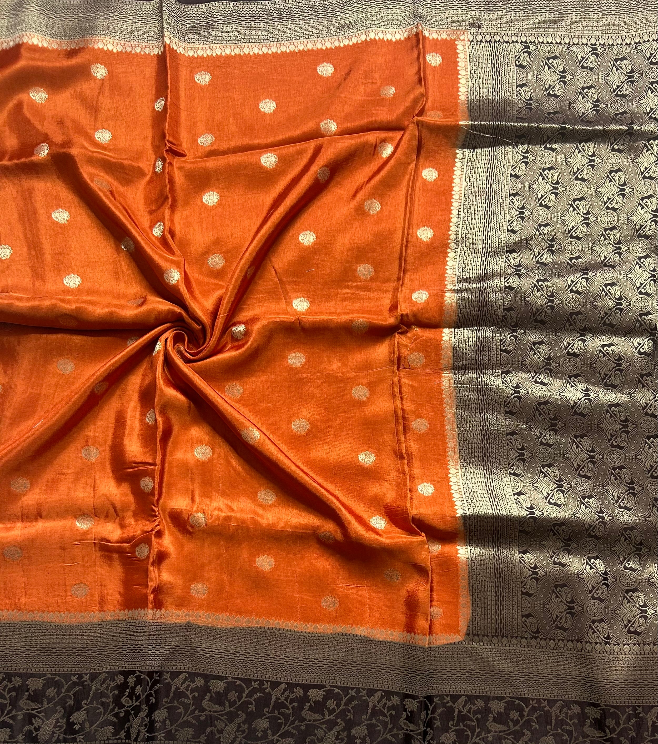 Rust orange small Butta satin crepe 103 saree