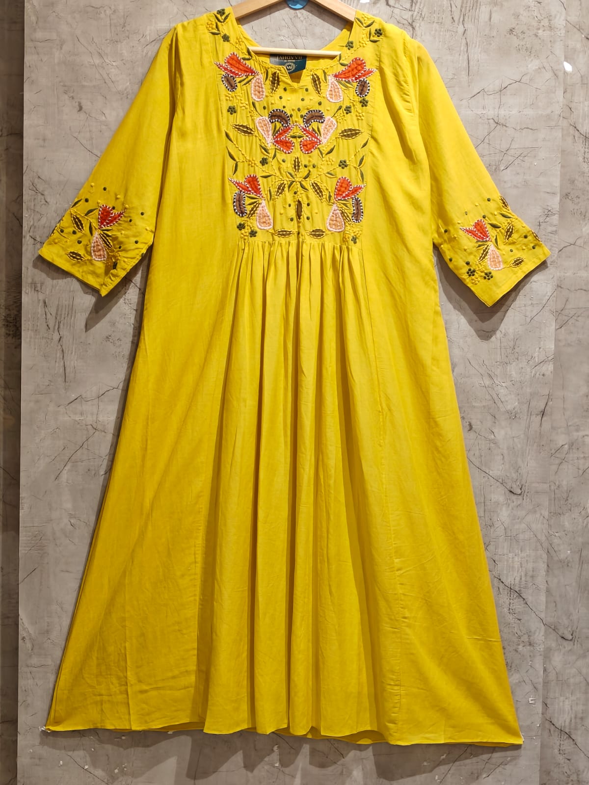 Yellow Mul Chanderi Anarkali Handwork Kurtha