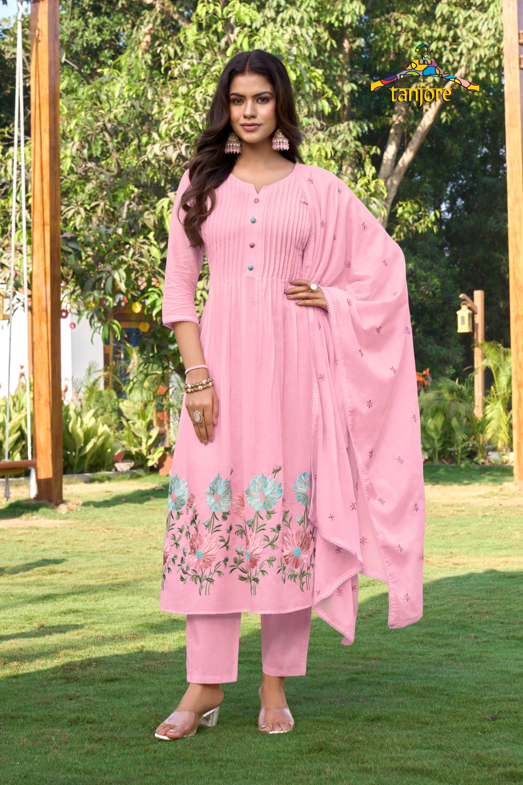 "Sana" Baby Pink Soft Mul Cotton in Boutique style embroidery 3pcs Kurtha suit