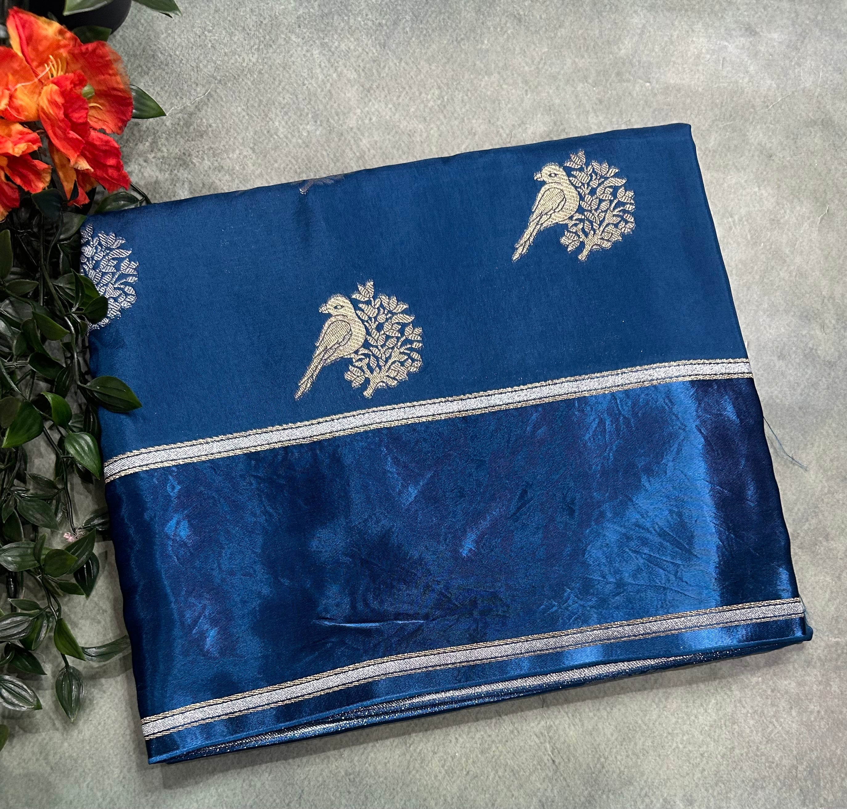 Peacock blue satin border dola crepe 105 saree