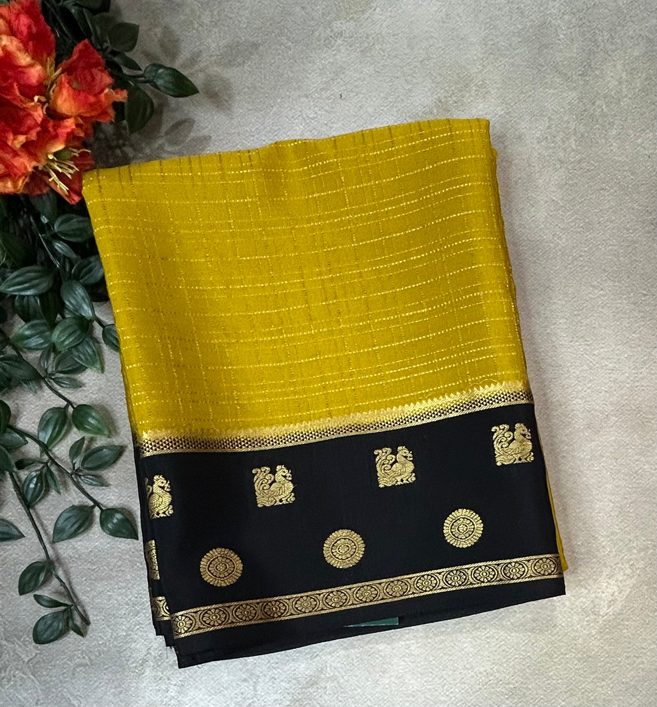 Mustard yellow checks n bentex pure Mysore silk 104 saree
