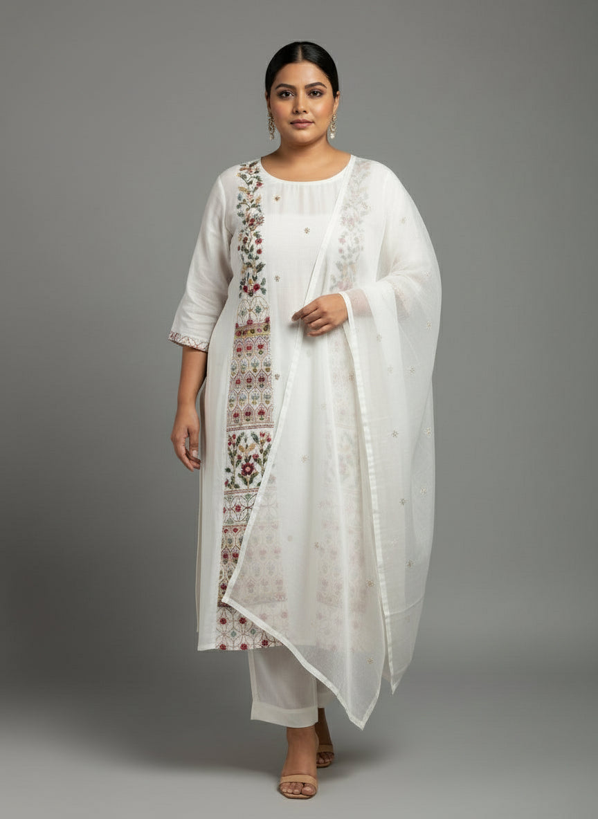 White Mul Chanderi silk knot work  hand embroidery kurtha Suit set plus size