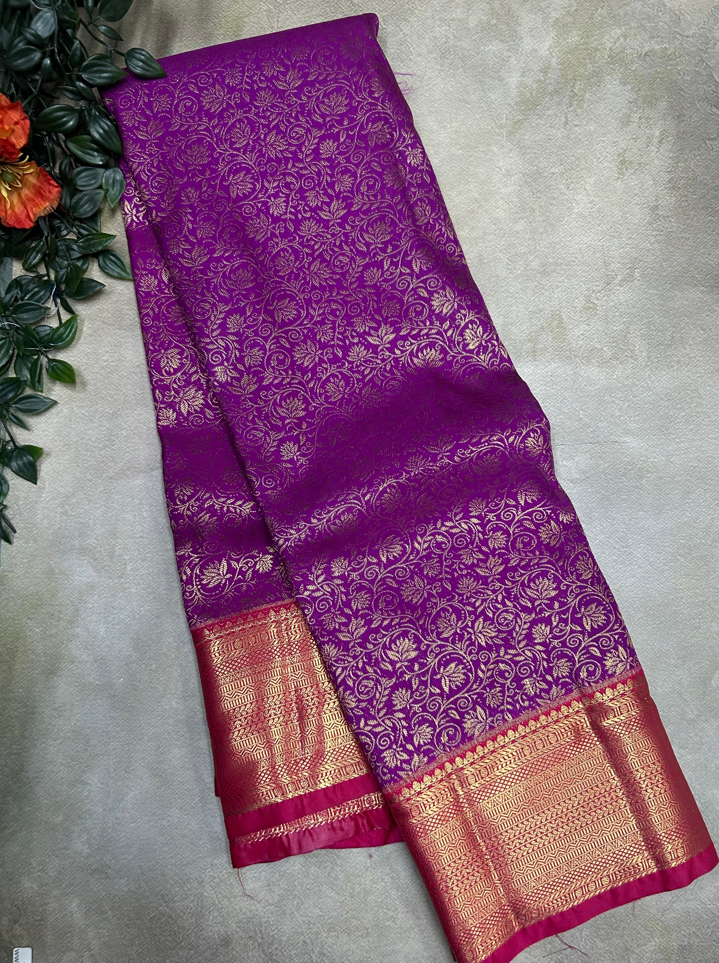 Purple brocade small border semi Kanchi-105 saree