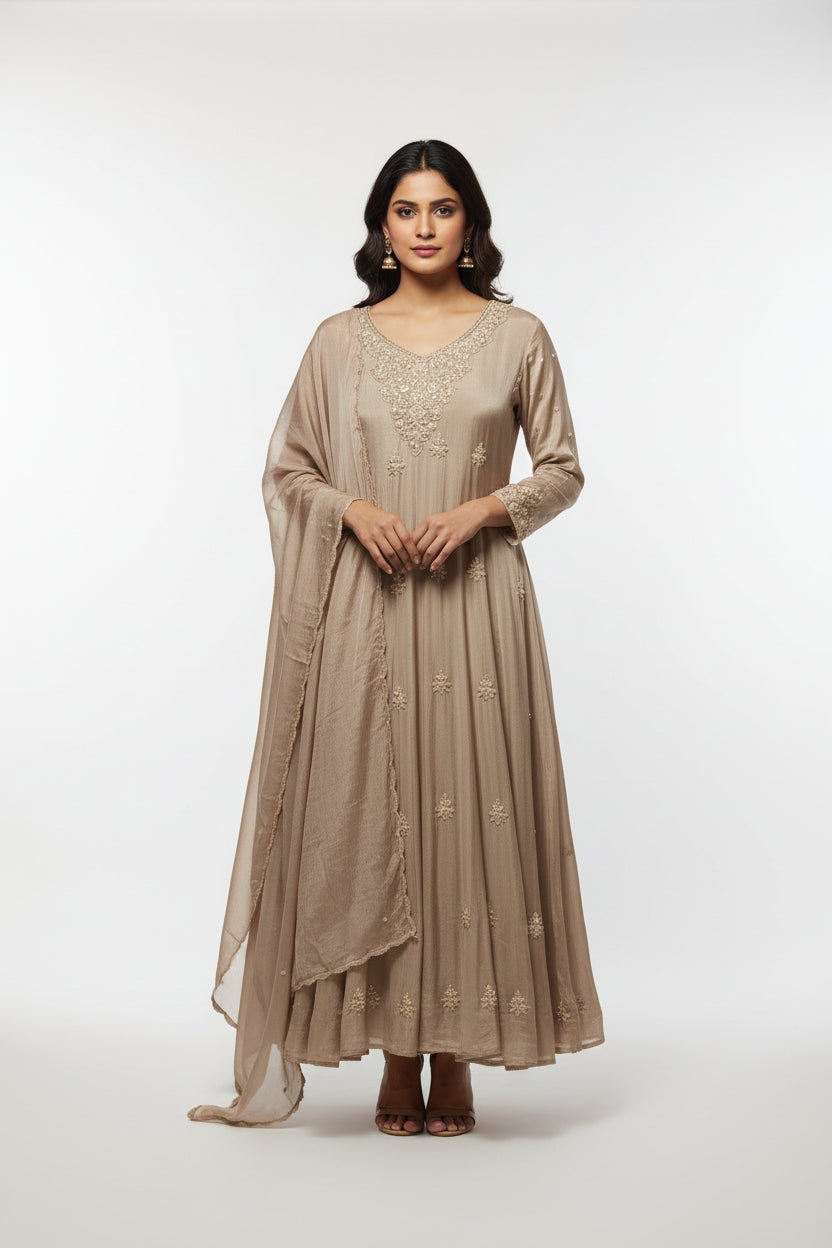 BEIGE Anarkali Chinnon Hand Embroidery Kurtha 567