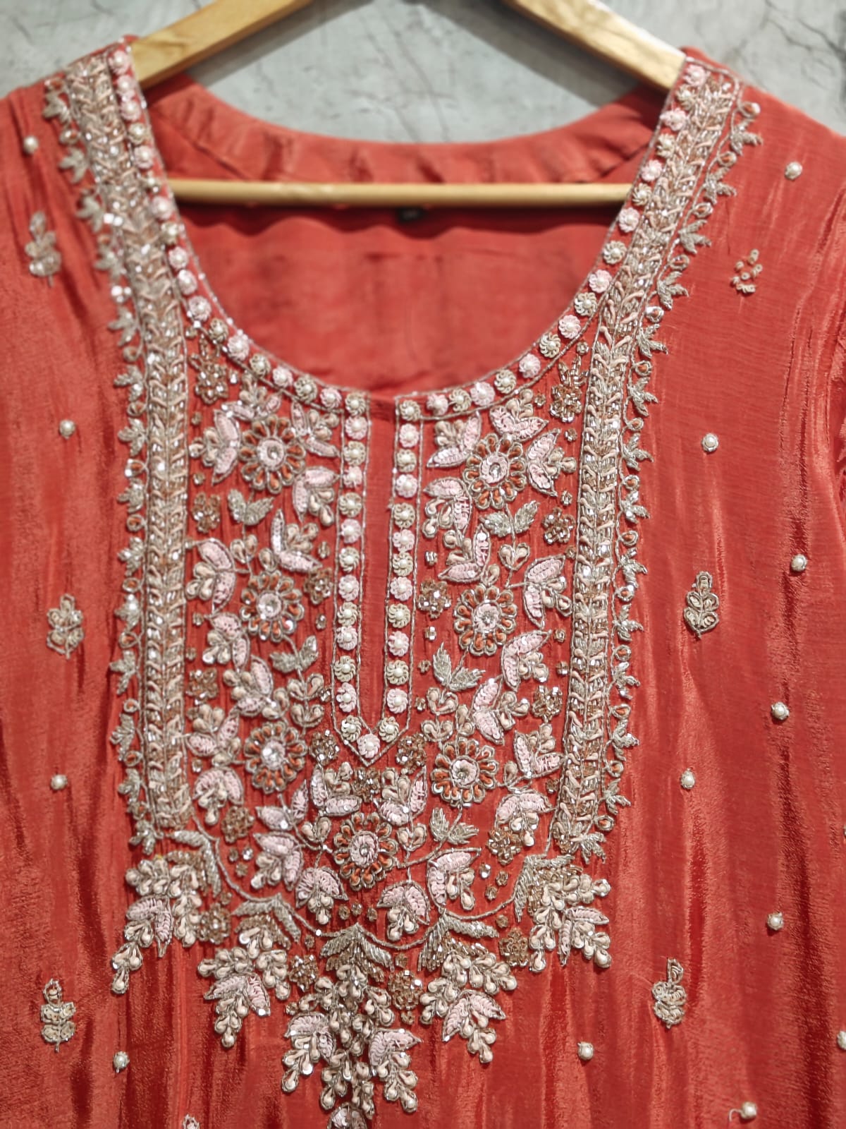 Brike Orange Chinnon Hand Embroidery Sharara Kurtha