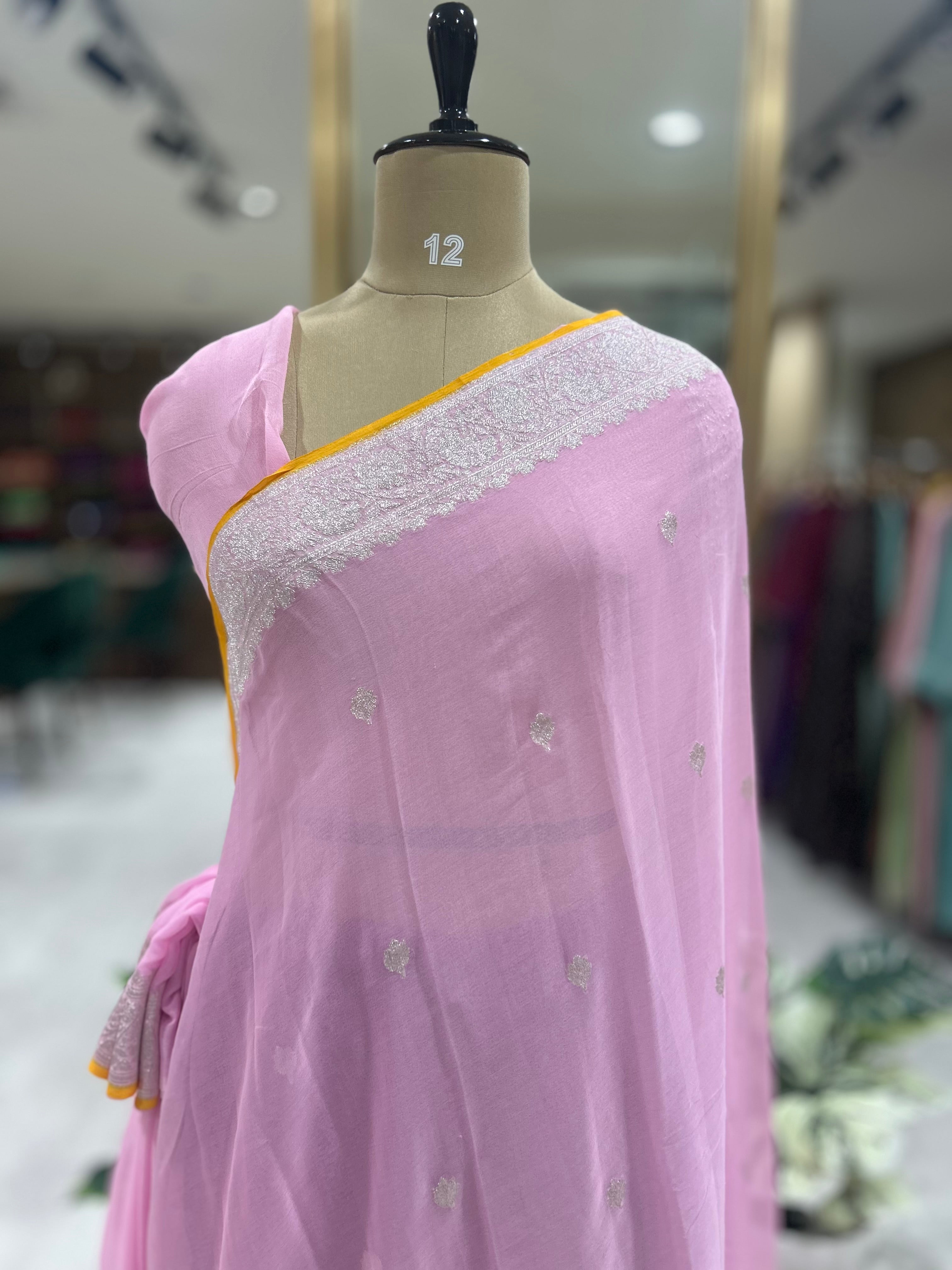 Baby pink n yellow benaras pure khadi chiffon saree