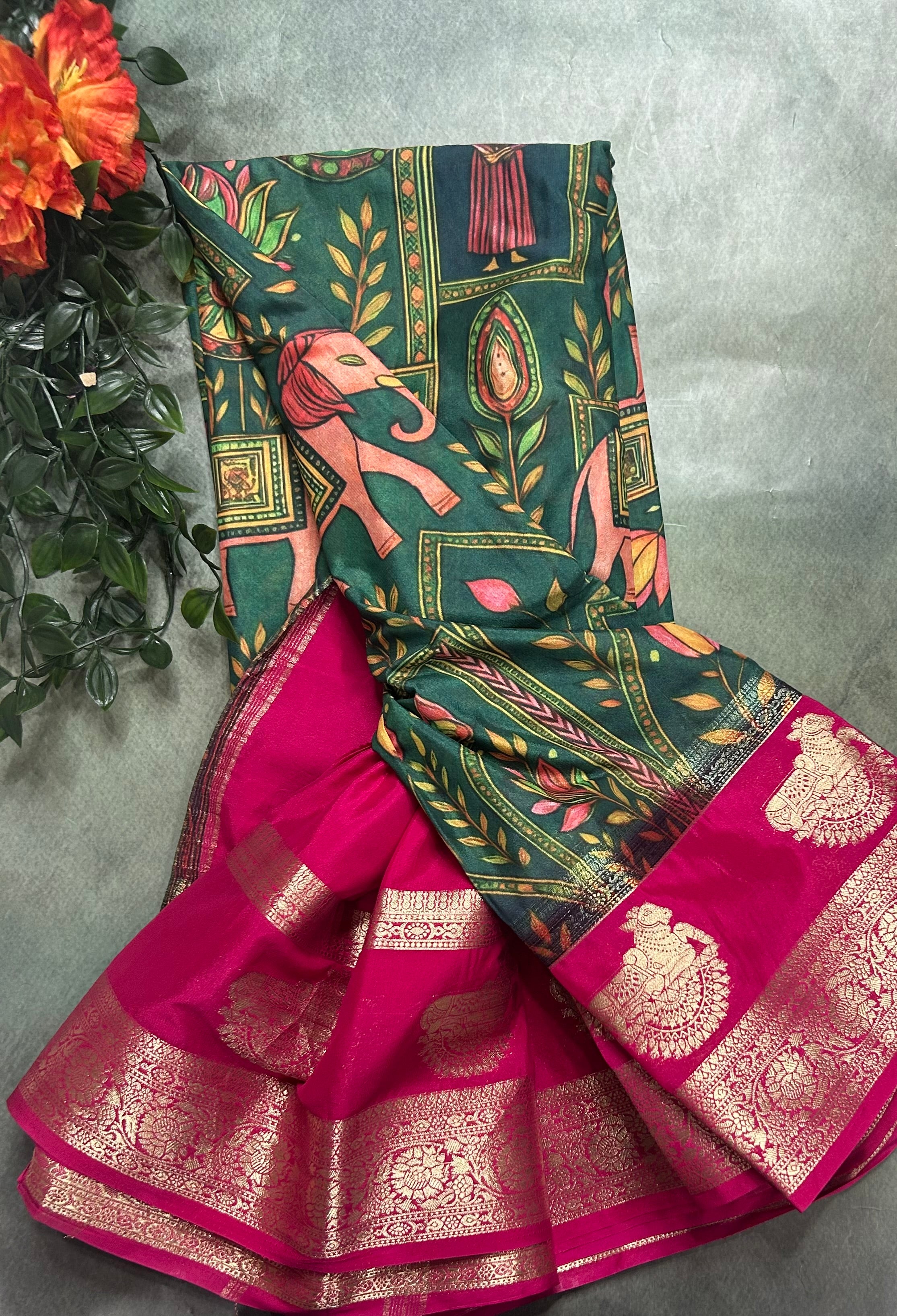 Multicolour bentex border printed semi Mysore 105 saree