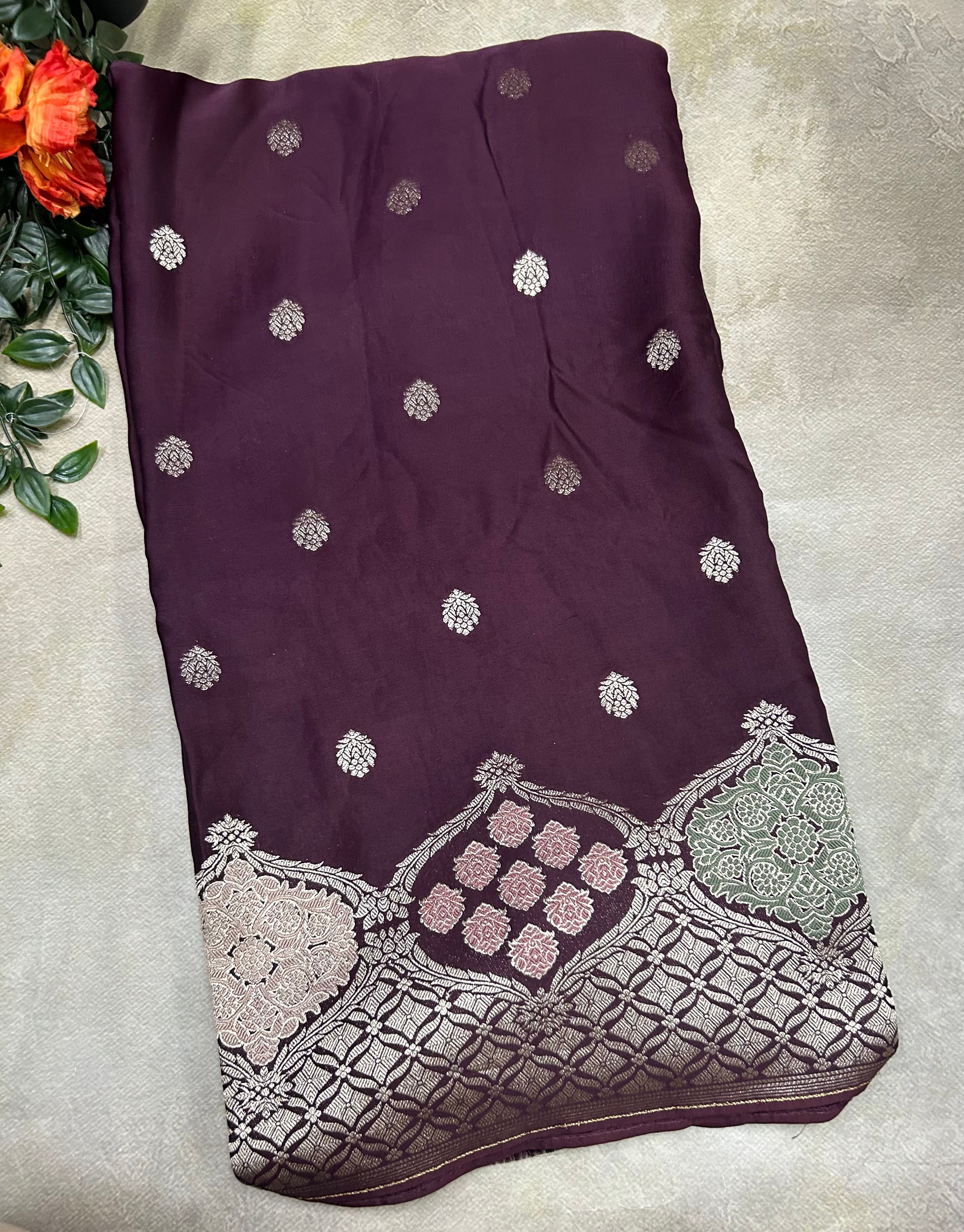 Dark brown Meena work border satin crêpe saree