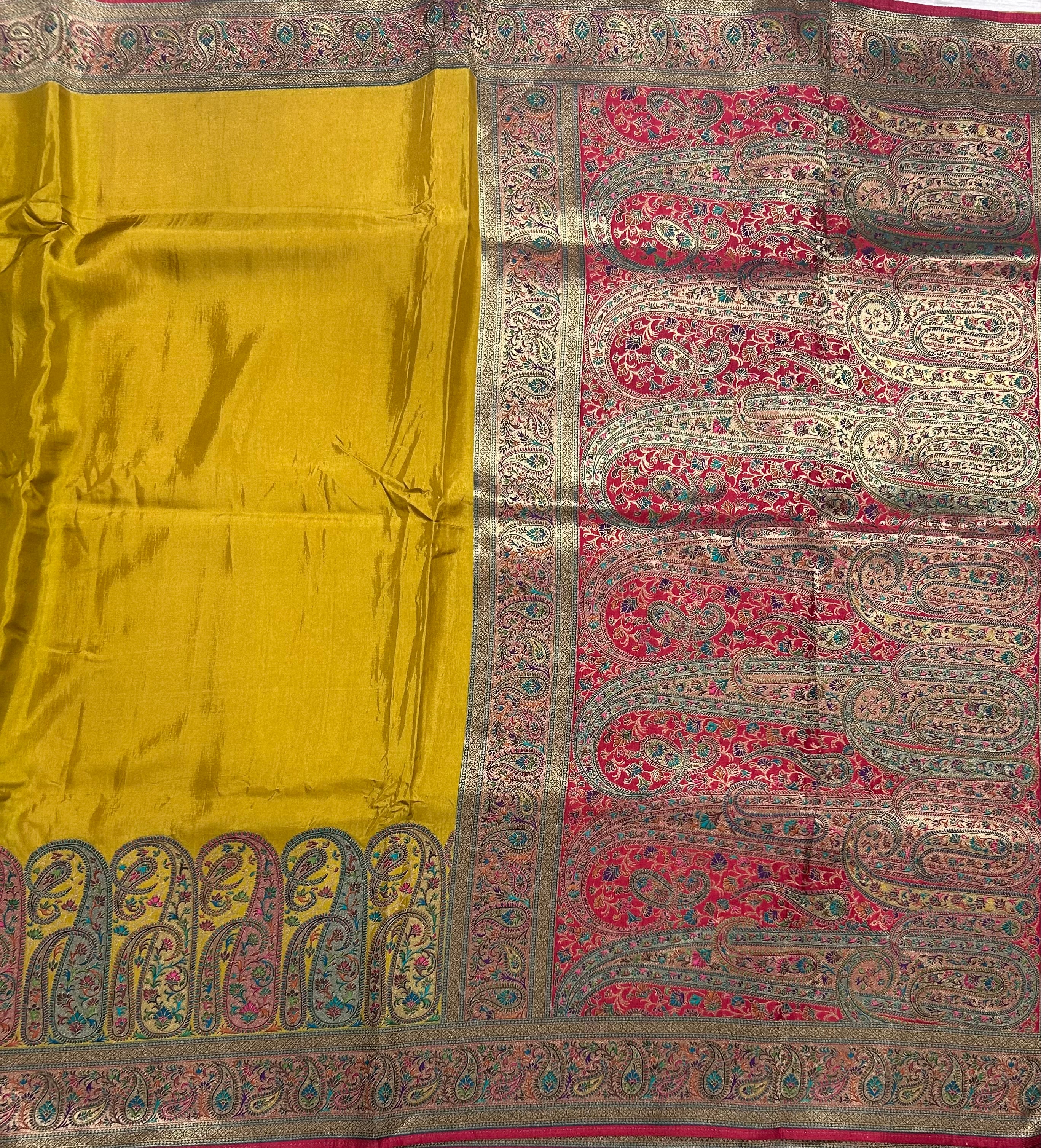Mustard yellow pashmina satin silk crepe 106 saree