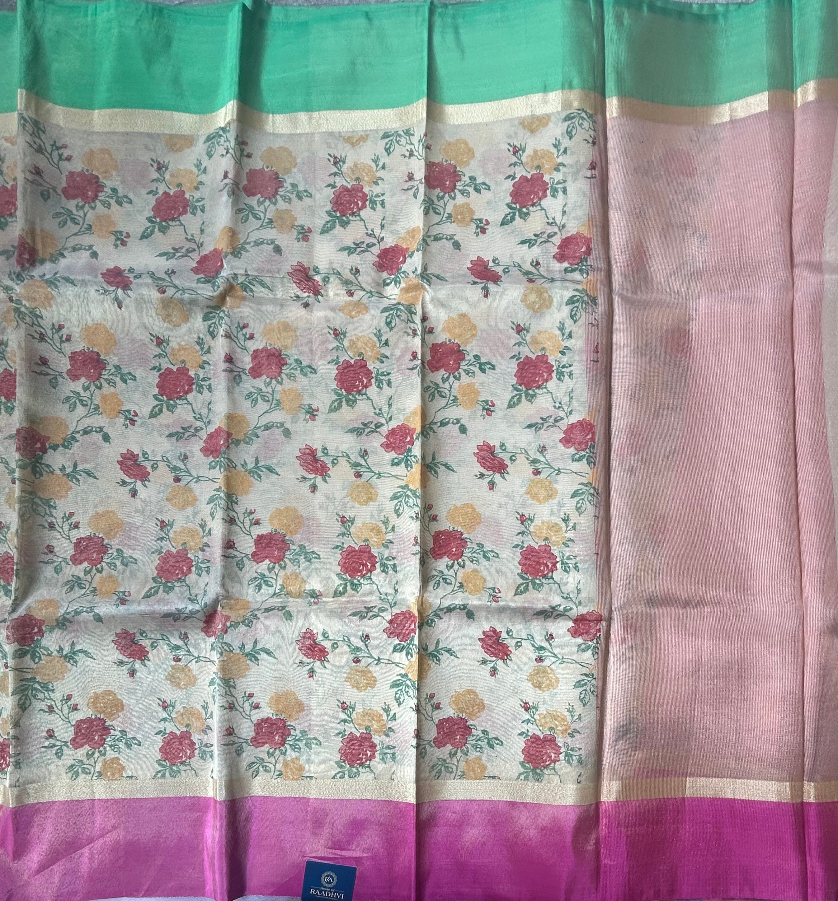 Golden cream digital print semi tissue saree