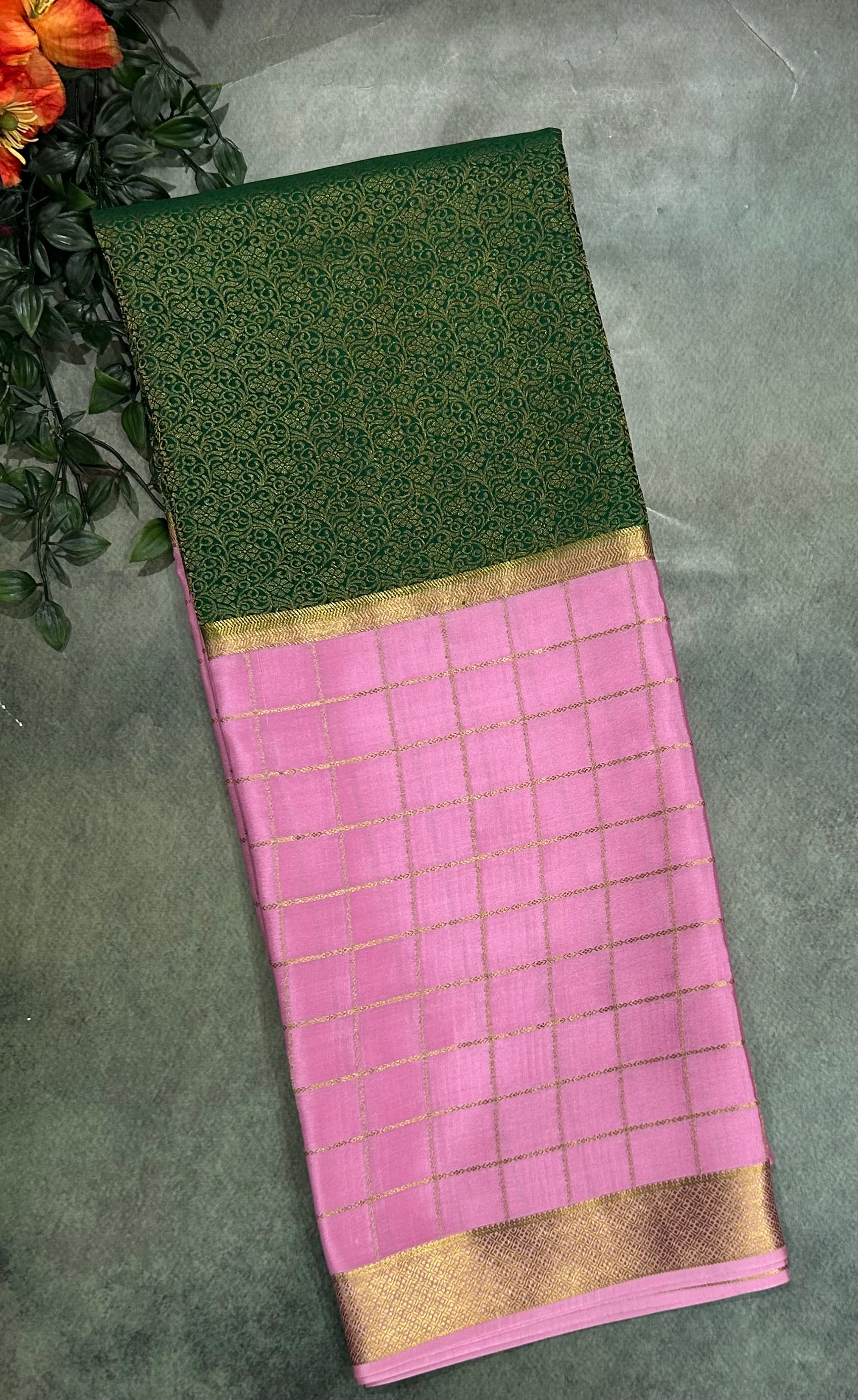 Pastel pink green  pure Mysore crepe silk 103 saree