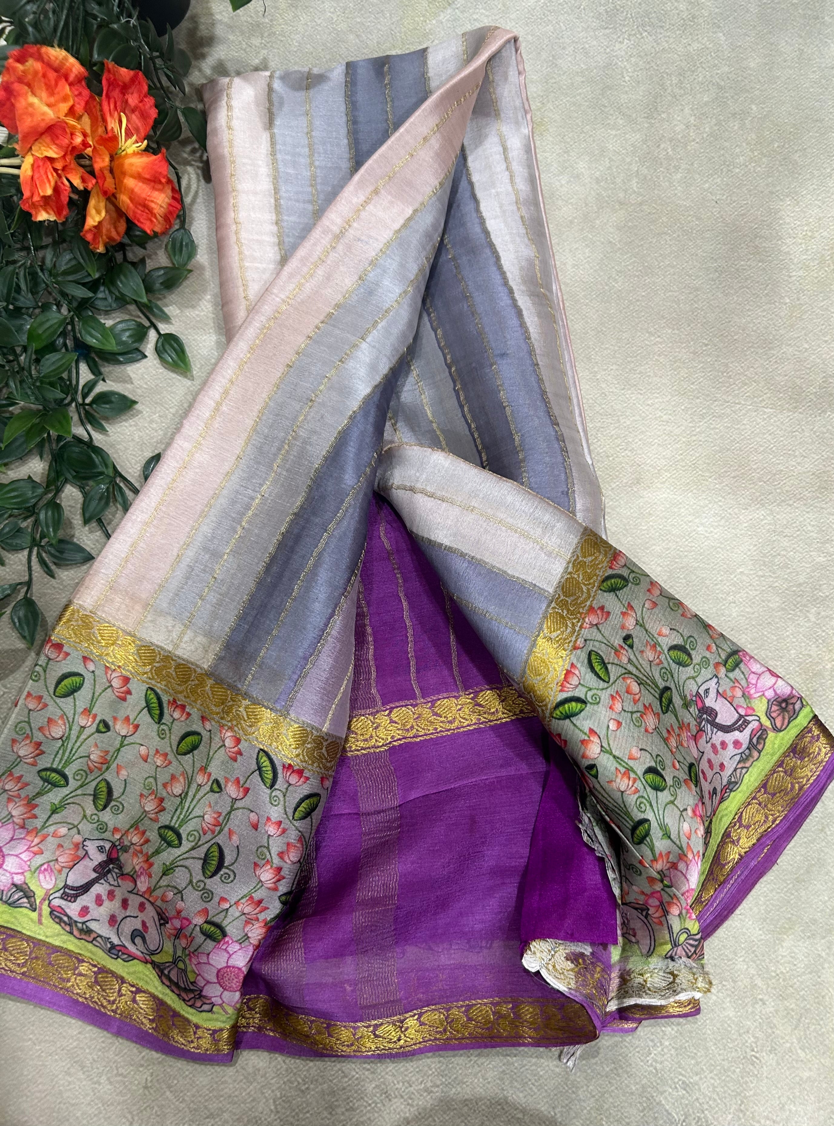Rankart kalamkari border pure wrinkle 103 crepe silk saree