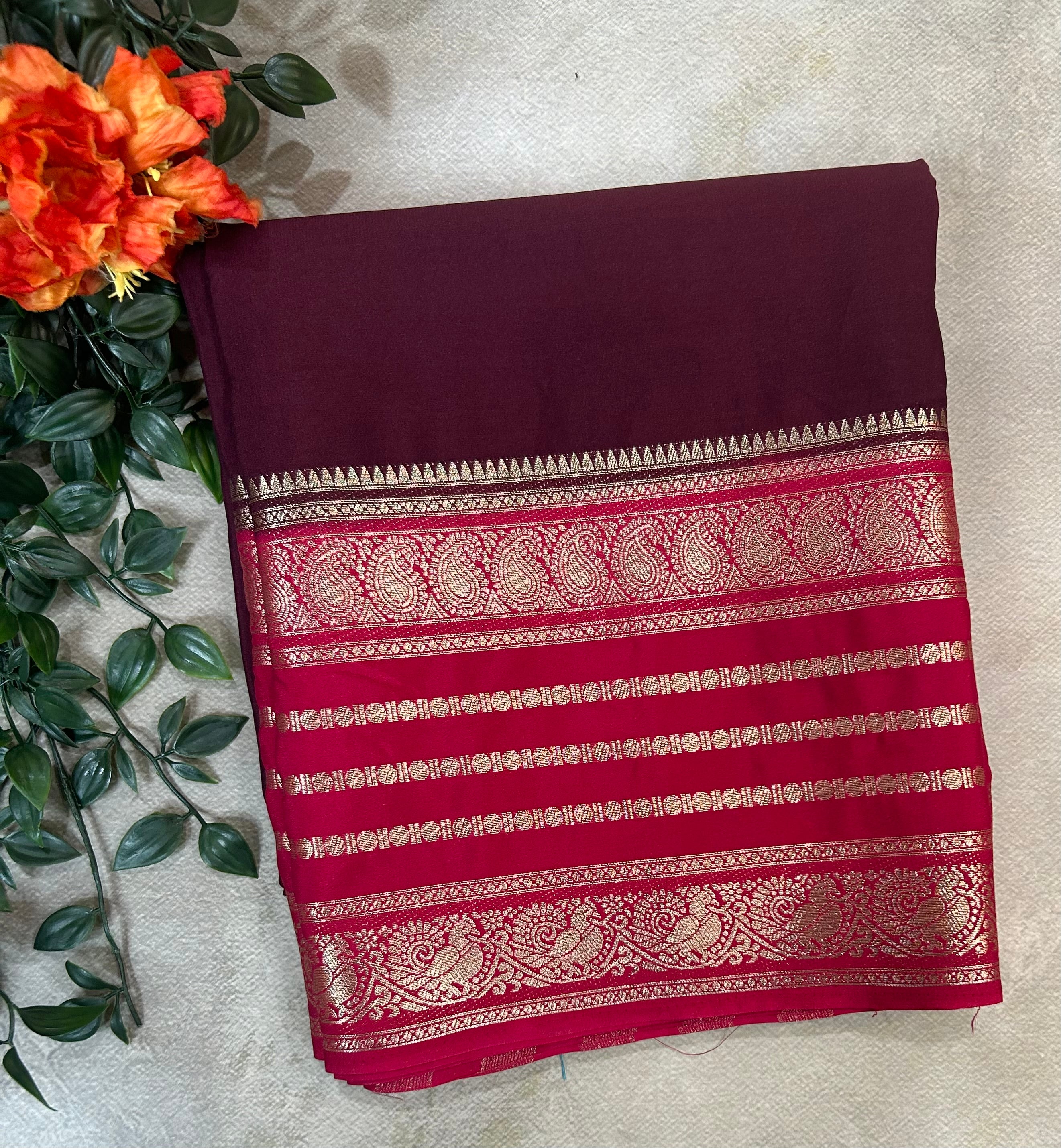 Dark brown stripes border semi Mysore 104 saree