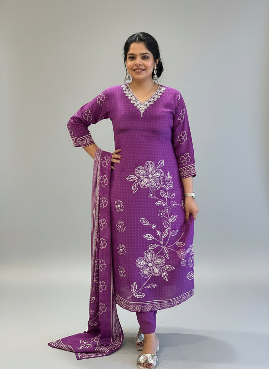 Purple  Digital Print Handwork Crepe Kurtha 533