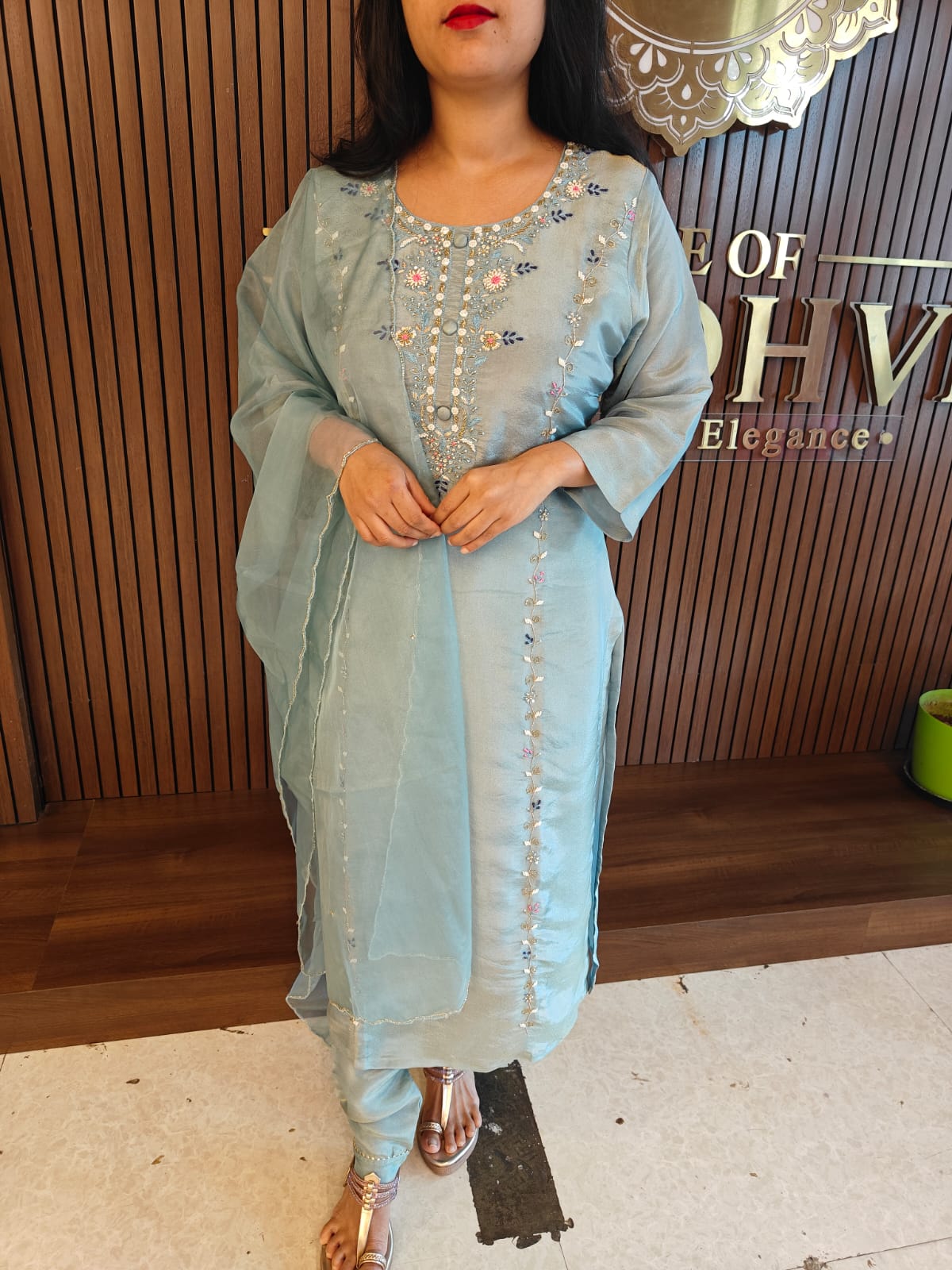 “Chandini"  Blue Shimmer silk Kurtha suit with work