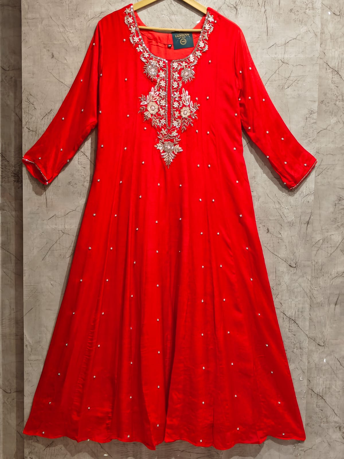 Red Anarkali Chinnon Hand Embroidery Kurtha 567