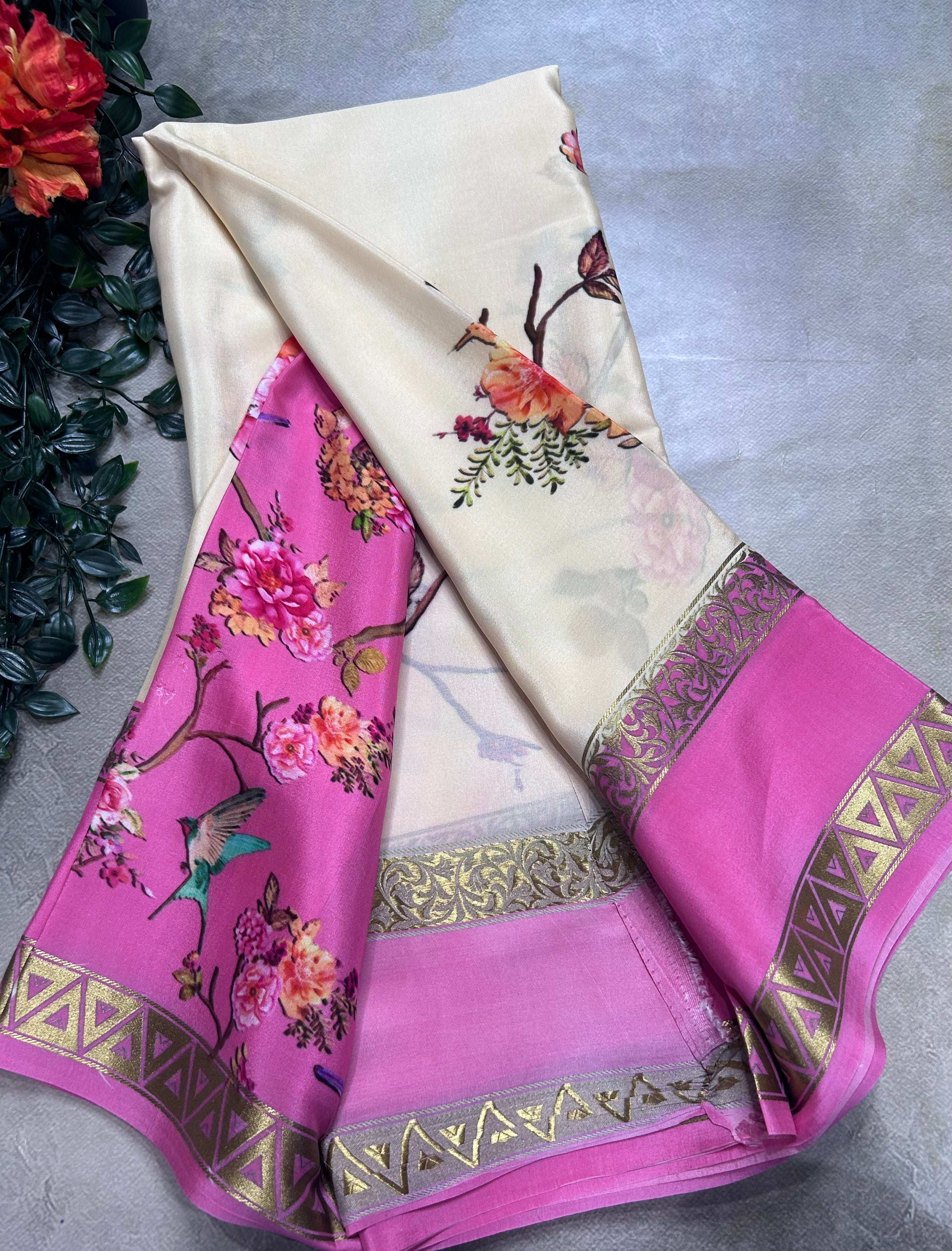 Cream digital print pure mysore silk saree(DMS106)