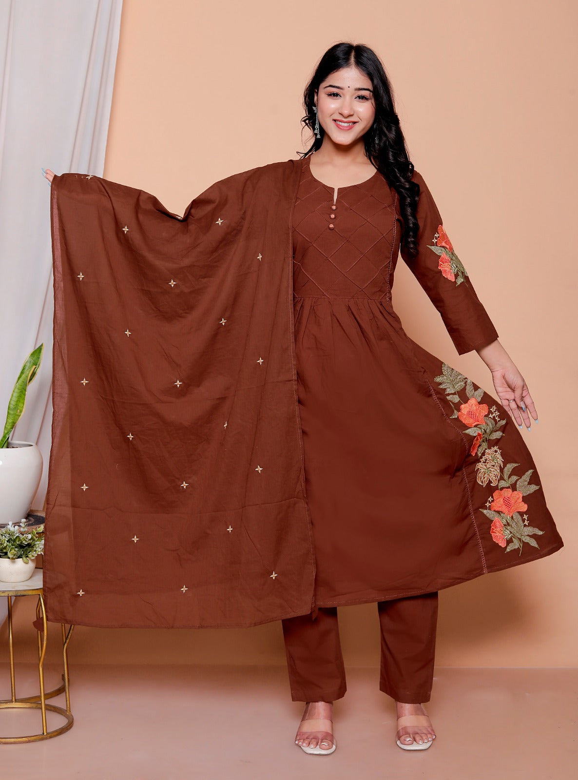 Brown Mul Cotton Thread Embroidery Airline Kurtha
