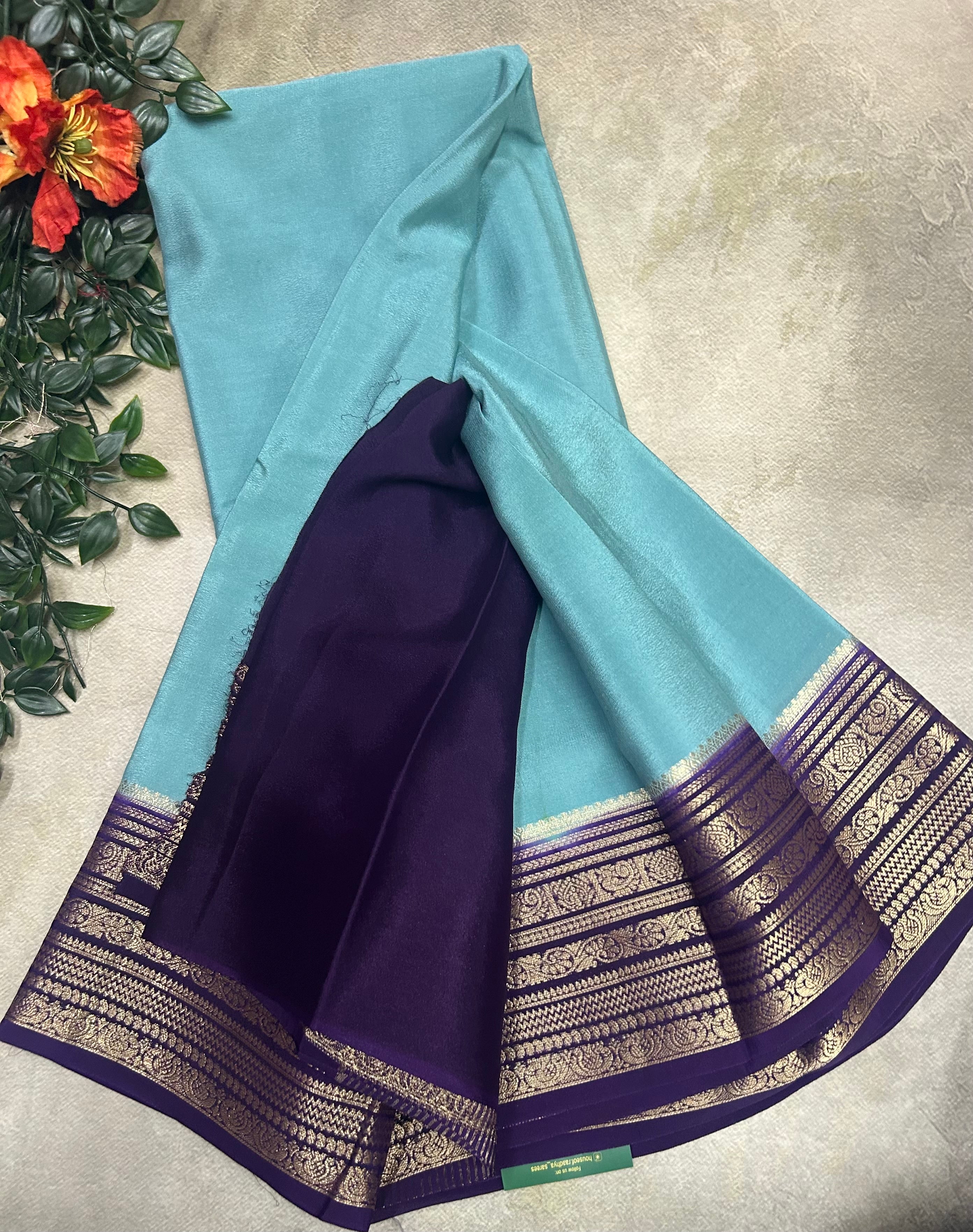 Sea blue n purple plain semi Mysore crepe silk 105 saree
