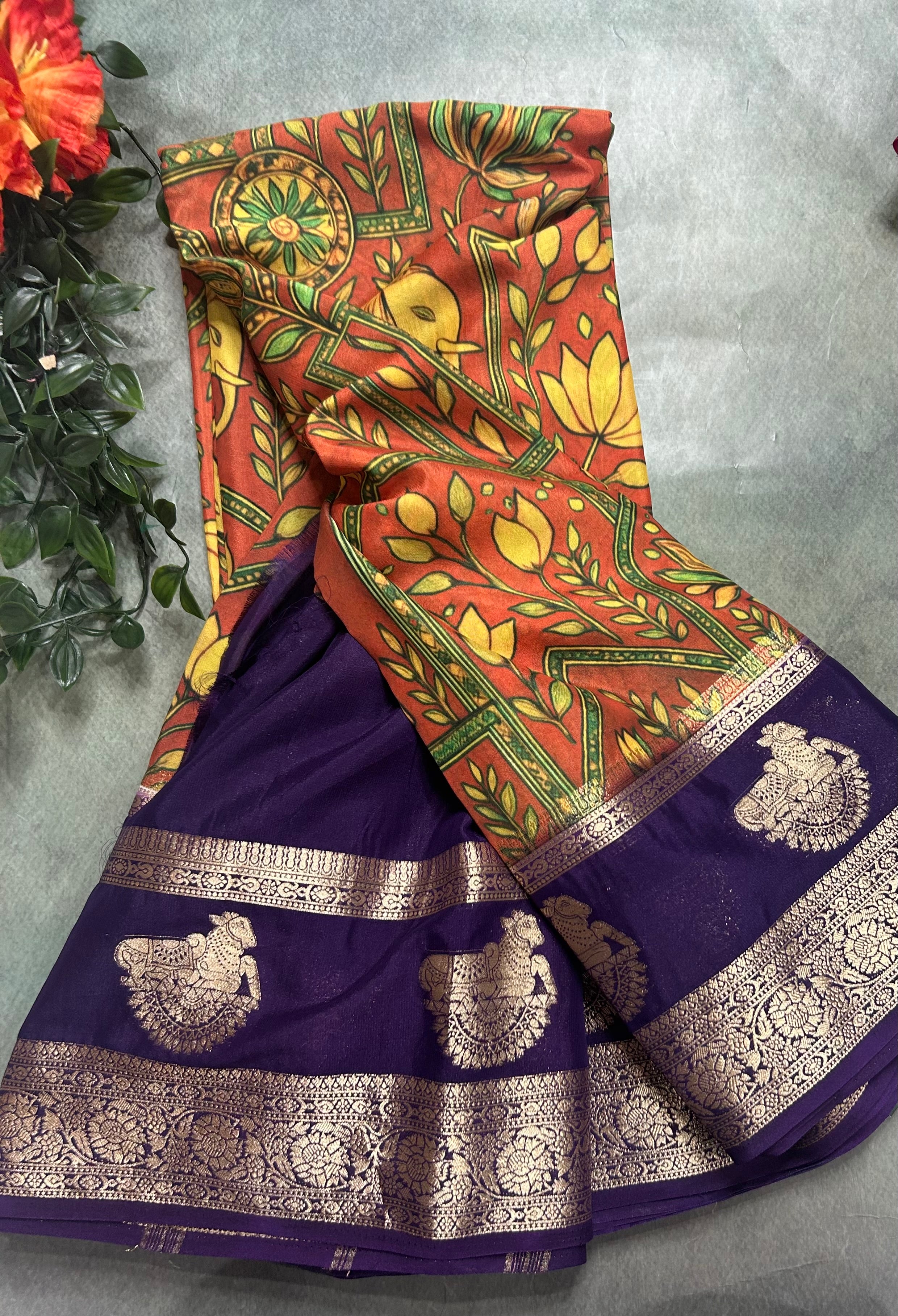 Multicolour bentex border printed semi Mysore 105 saree