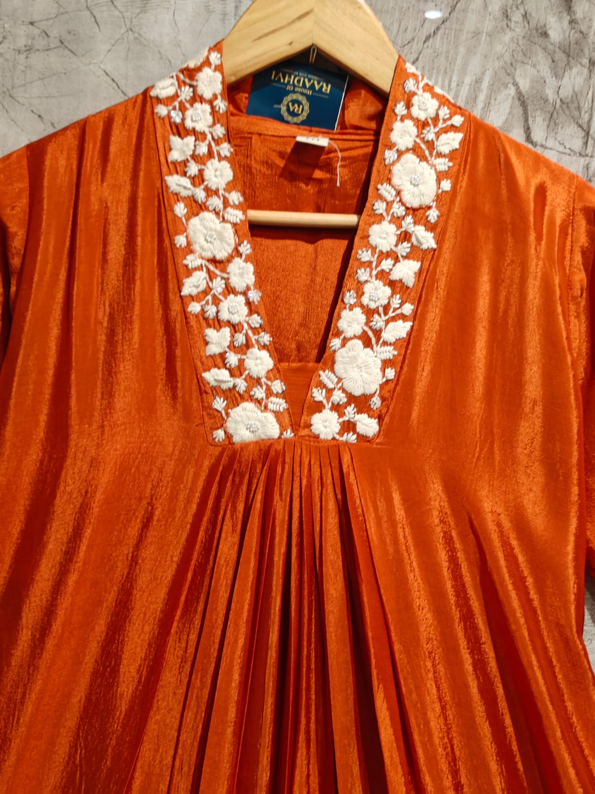 "Devi" Orange chinnon Embroidery 309 Airline handwork Kurtha plus size