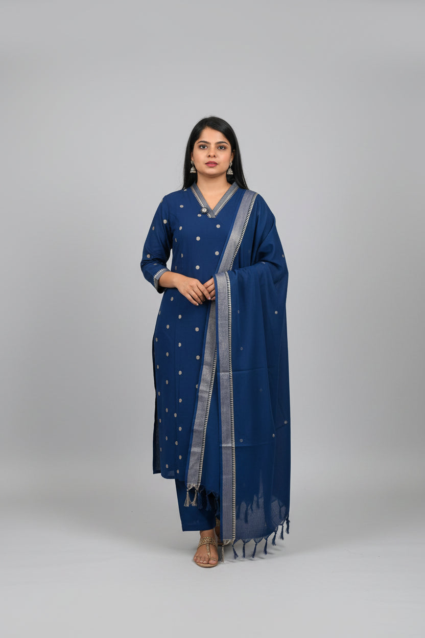 Navy Blue Pure Cotton A Line Kurtha 721